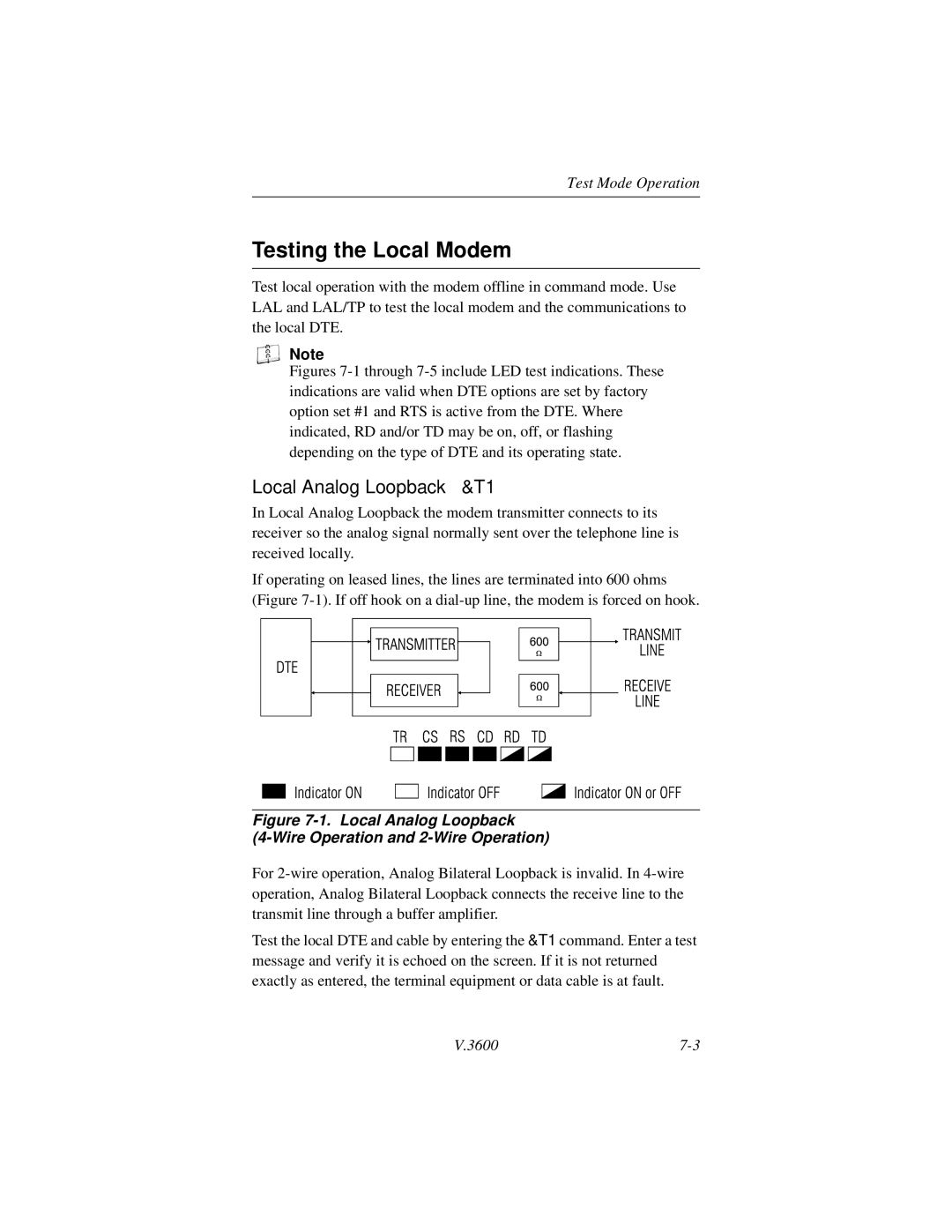 Motorola V.3600 manual Testing the Local Modem, Local Analog Loopback &T1 