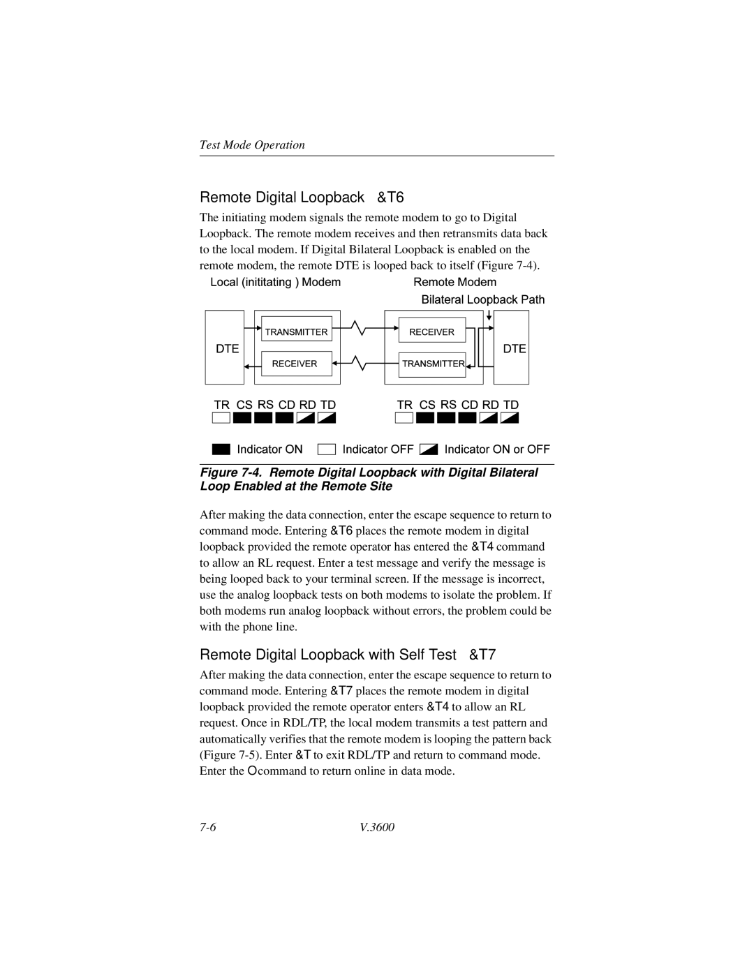 Motorola V.3600 manual Remote Digital Loopback &T6, Remote Digital Loopback with Self Test &T7 