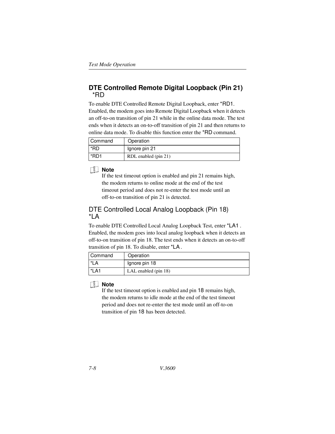 Motorola V.3600 manual DTE Controlled Remote Digital Loopback Pin, DTE Controlled Local Analog Loopback Pin 18 *LA 