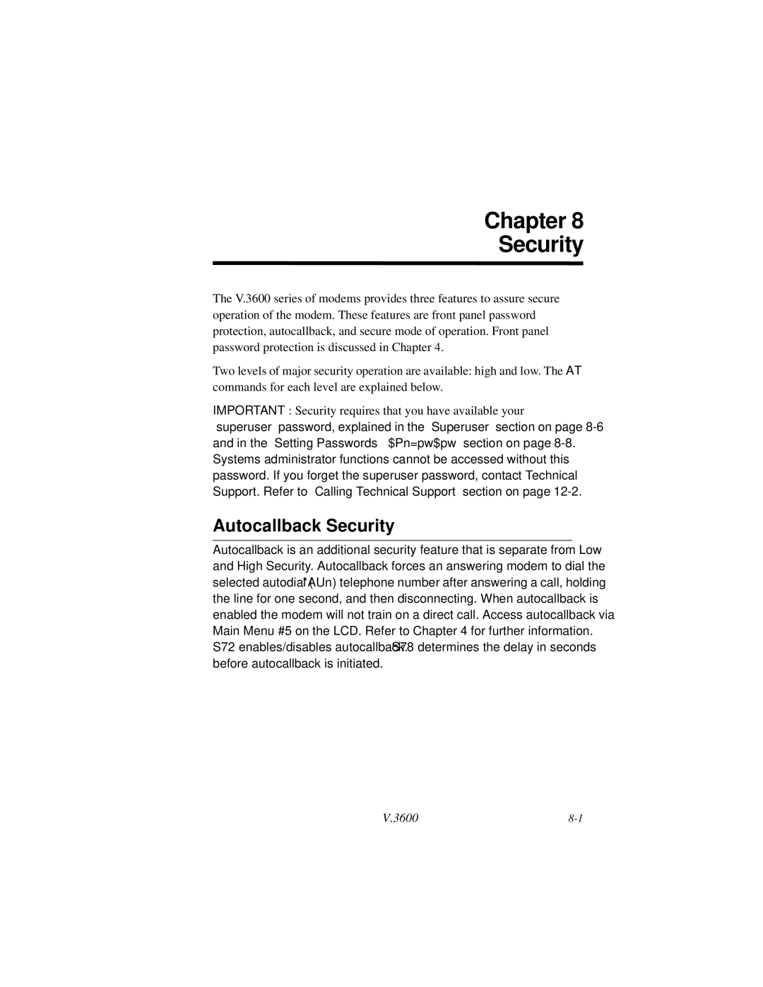 Motorola V.3600 manual Chapter Security, Autocallback Security 