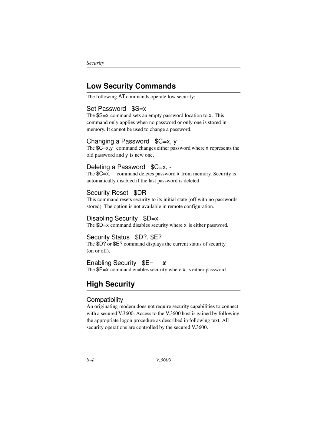 Motorola V.3600 manual Low Security Commands, High Security 