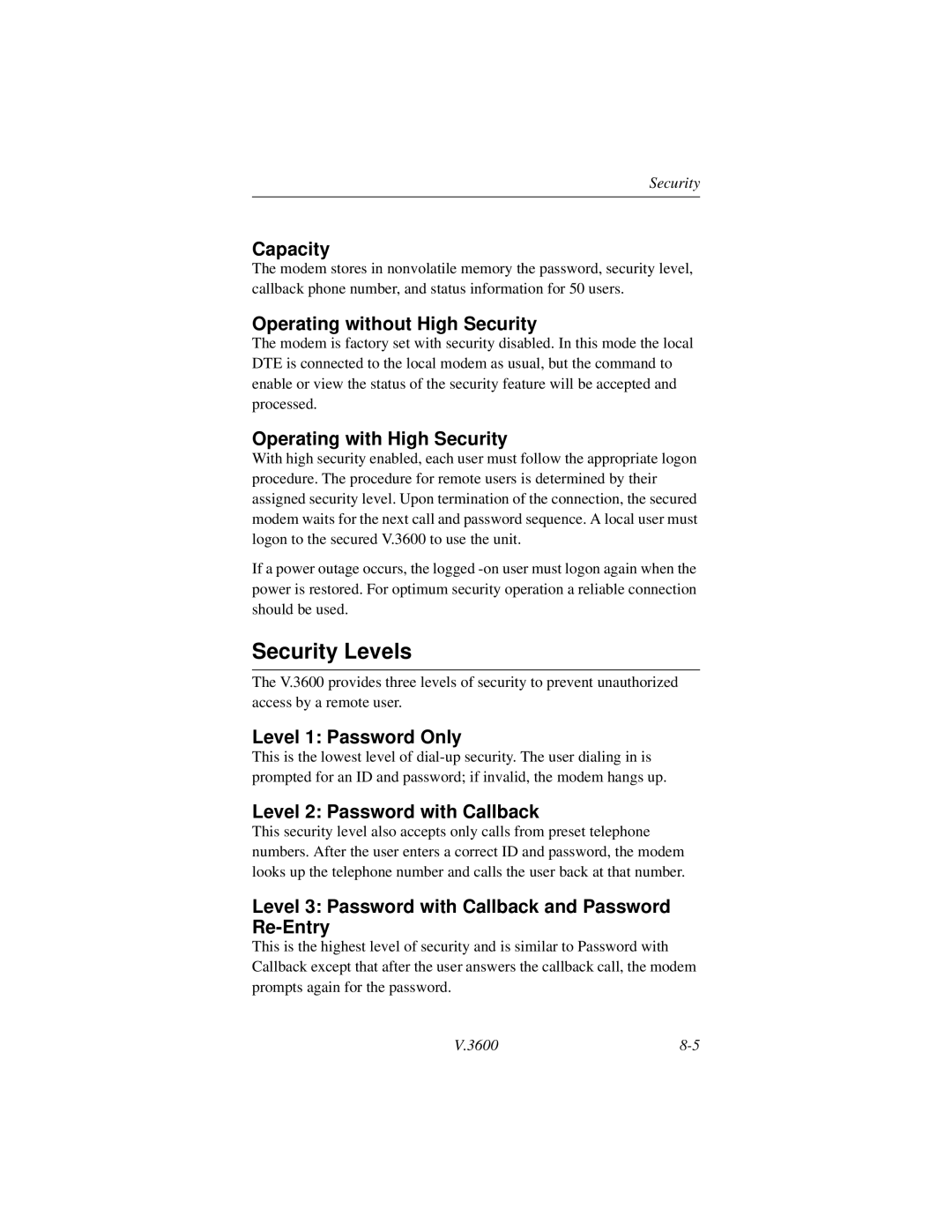 Motorola V.3600 manual Security Levels 