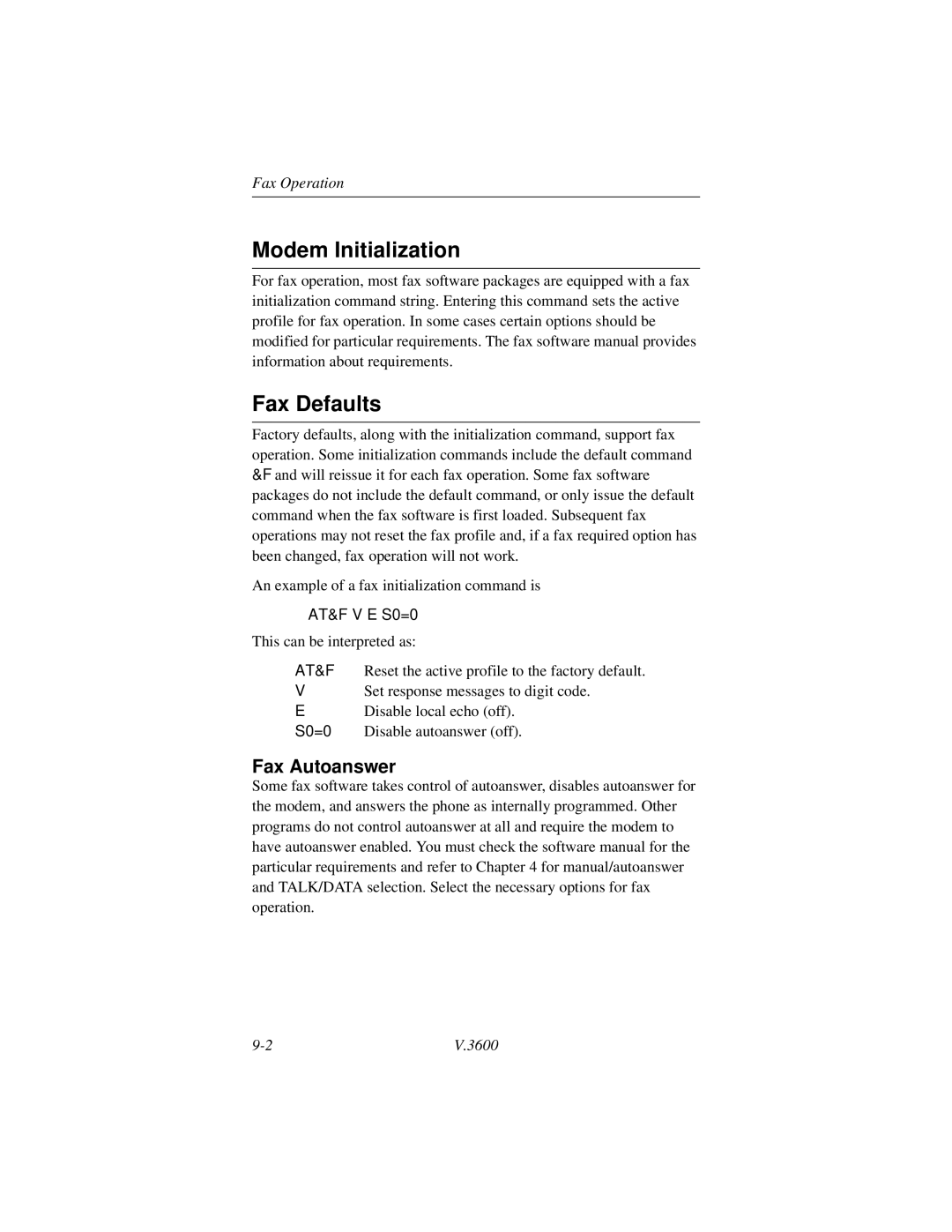 Motorola V.3600 manual Modem Initialization, Fax Defaults, Fax Autoanswer 