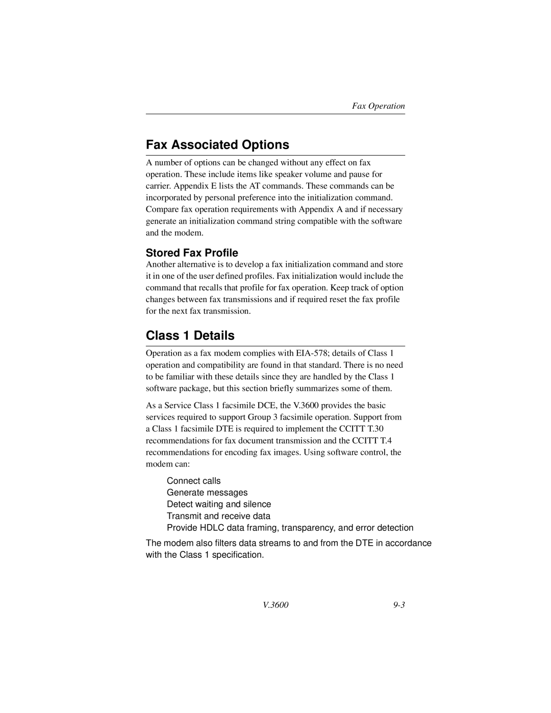 Motorola V.3600 manual Fax Associated Options, Class 1 Details, Stored Fax Profile 