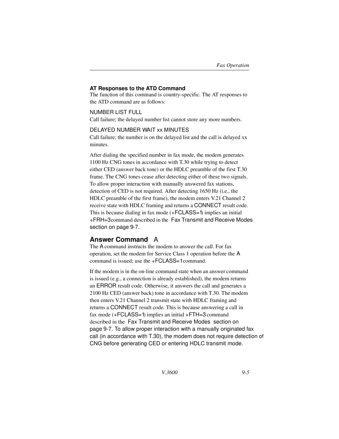 Motorola V.3600 manual Answer Command a, AT Responses to the ATD Command 