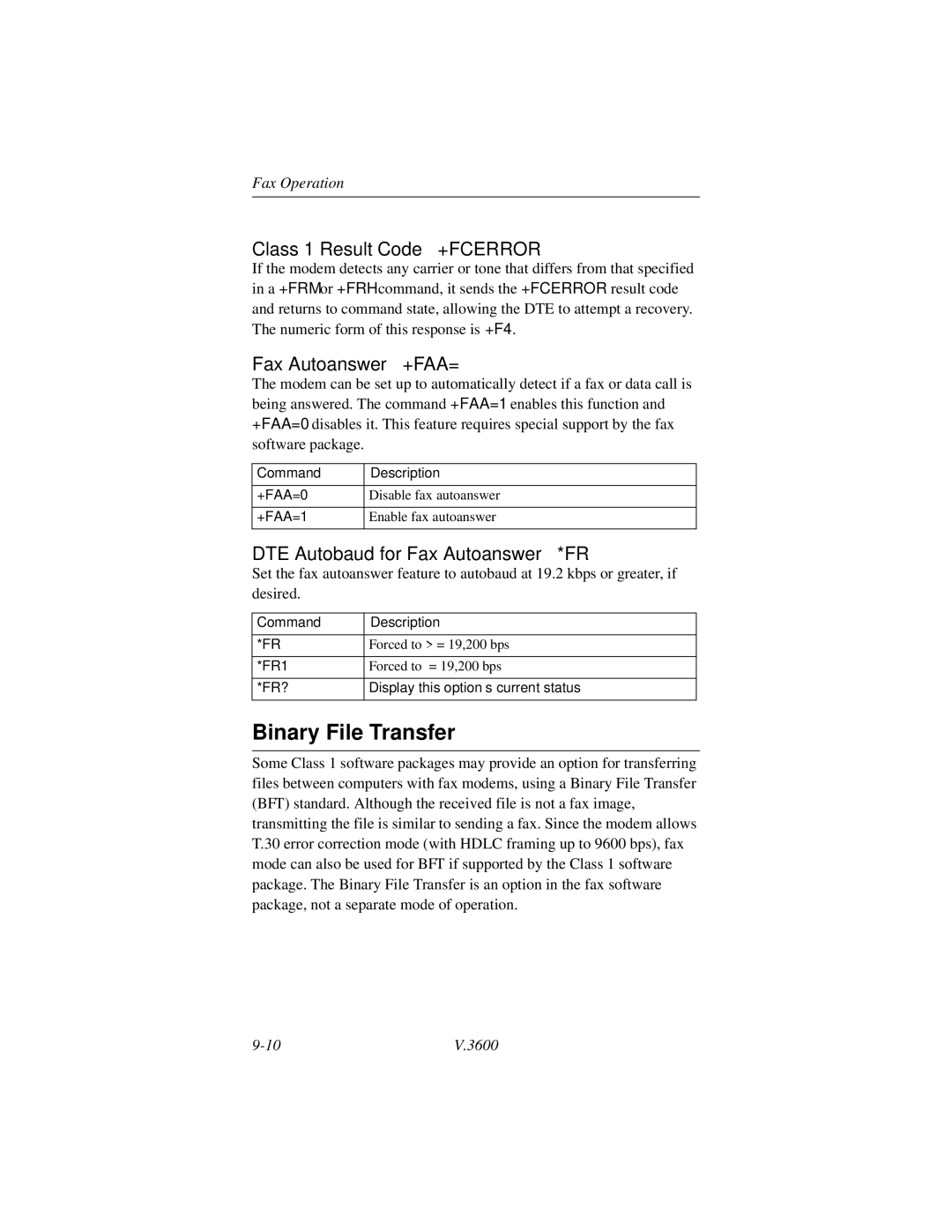 Motorola V.3600 manual Binary File Transfer, Class 1 Result Code +FCERROR, Fax Autoanswer +FAA=, Command Description 