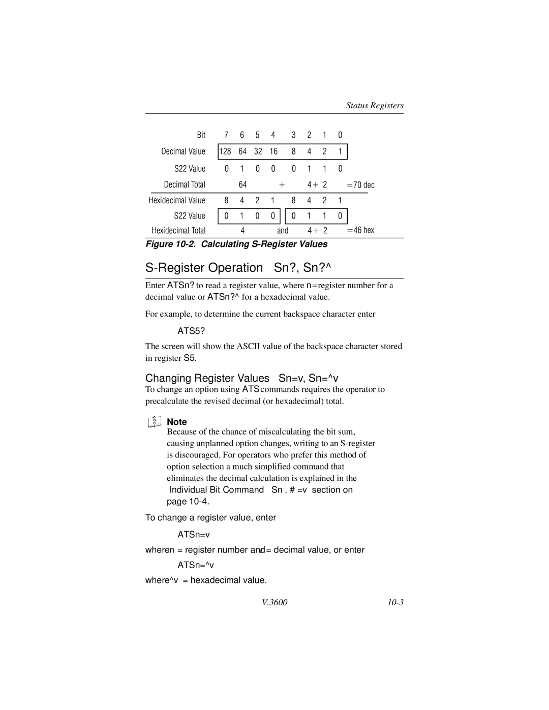 Motorola V.3600 manual Register Operation Sn?, Sn?, Changing Register Values Sn=v, Sn=v 