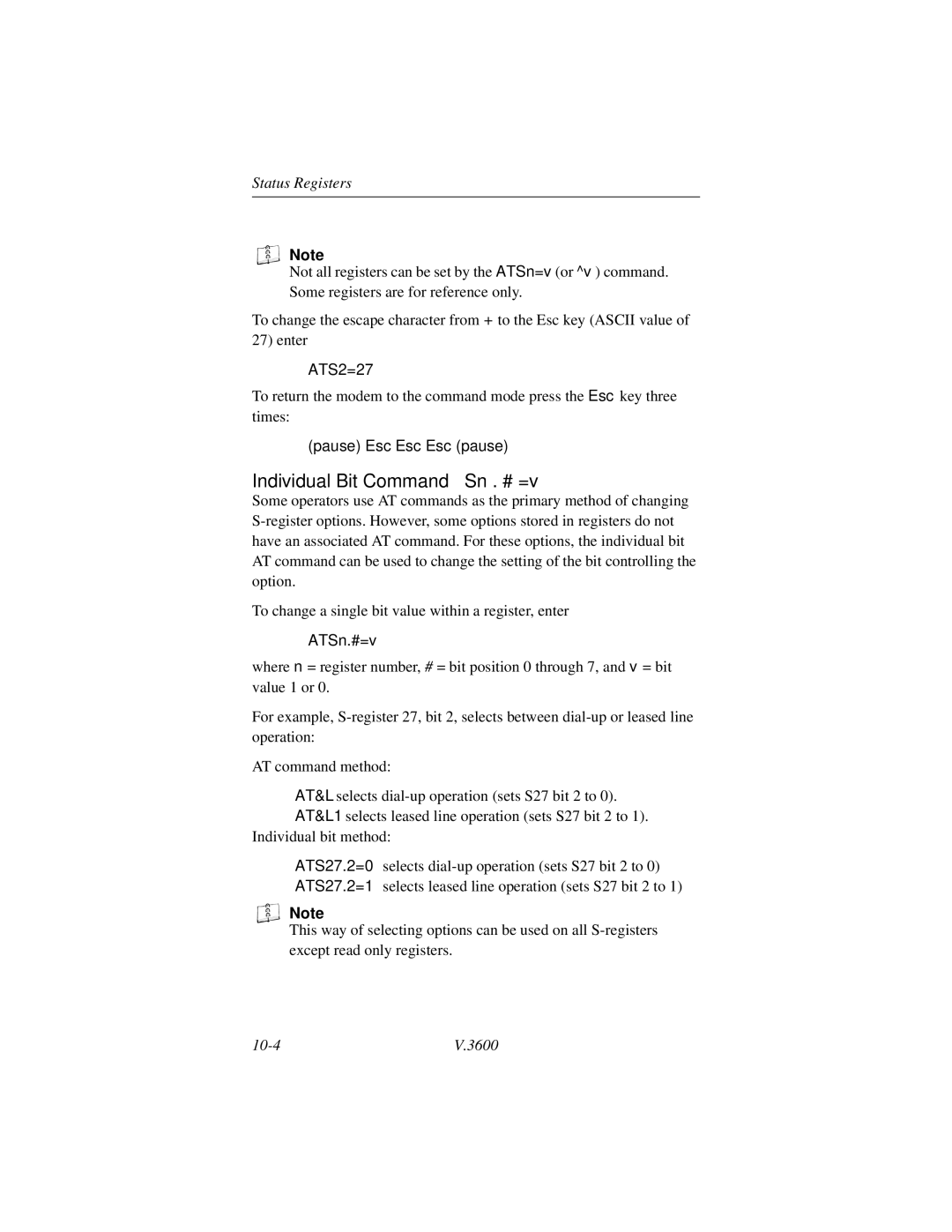 Motorola V.3600 manual Individual Bit Command Sn . # =v, ATSn.#=v 