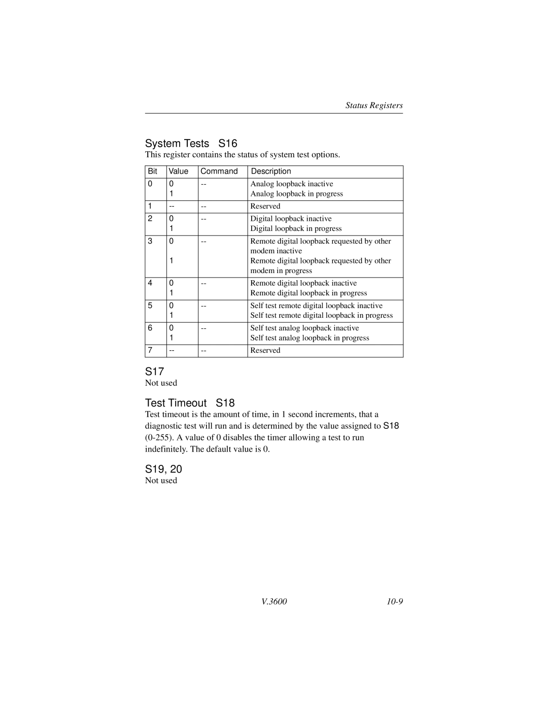 Motorola V.3600 manual System Tests S16, S17, Test Timeout S18, S19 