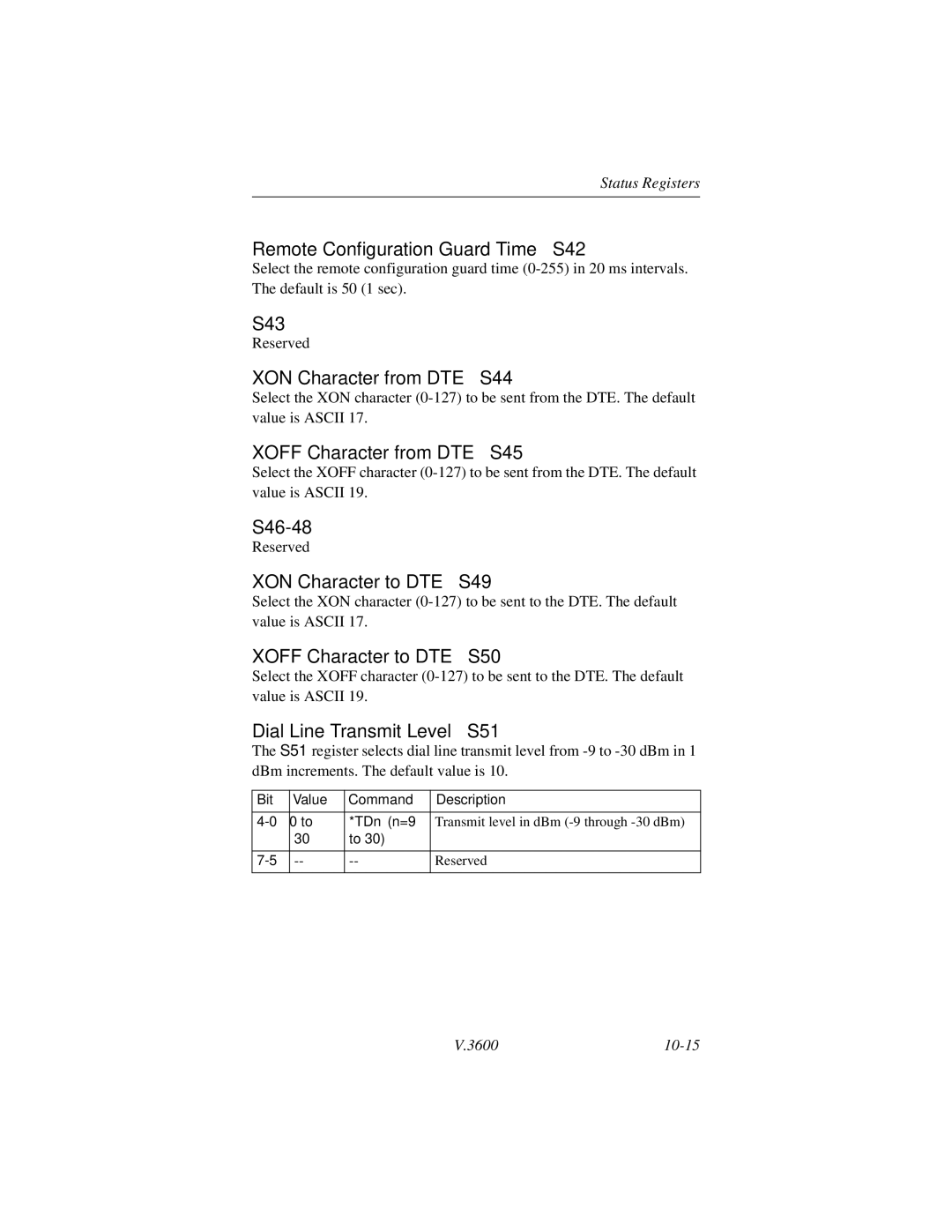 Motorola V.3600 Remote Configuration Guard Time S42, S43, XON Character from DTE S44, Xoff Character from DTE S45, S46-48 