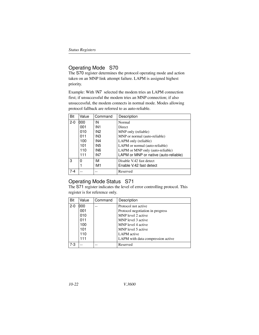 Motorola V.3600 manual Operating Mode S70, Operating Mode Status S71, Lapm or MNP or native auto-reliable 