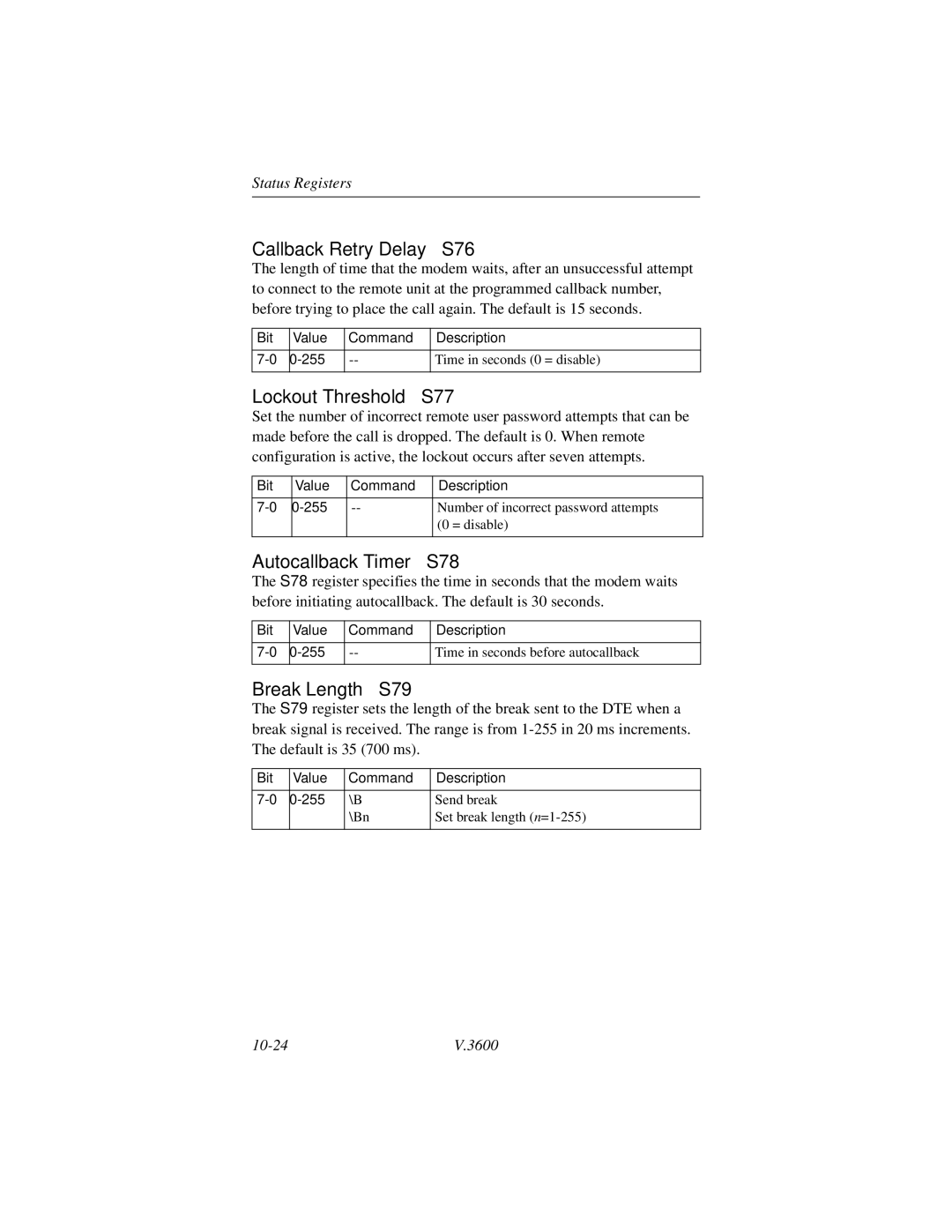 Motorola V.3600 manual Callback Retry Delay S76, Lockout Threshold S77, Autocallback Timer S78, Break Length S79 