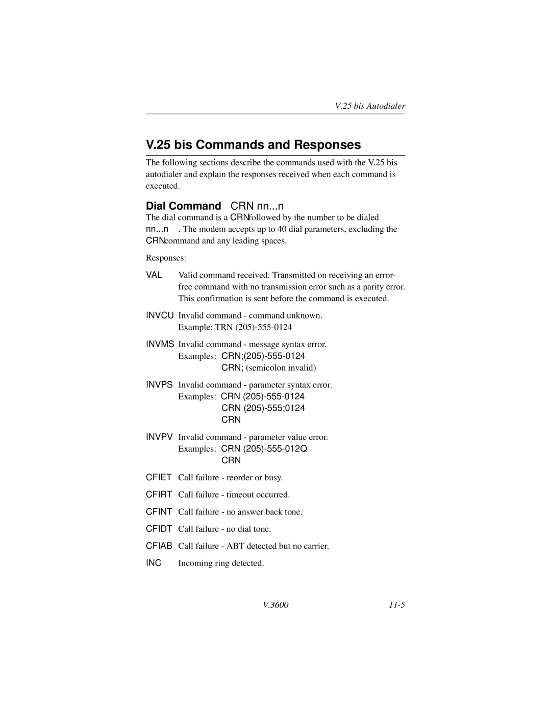 Motorola V.3600 manual Bis Commands and Responses, Dial Command CRN nn...n 