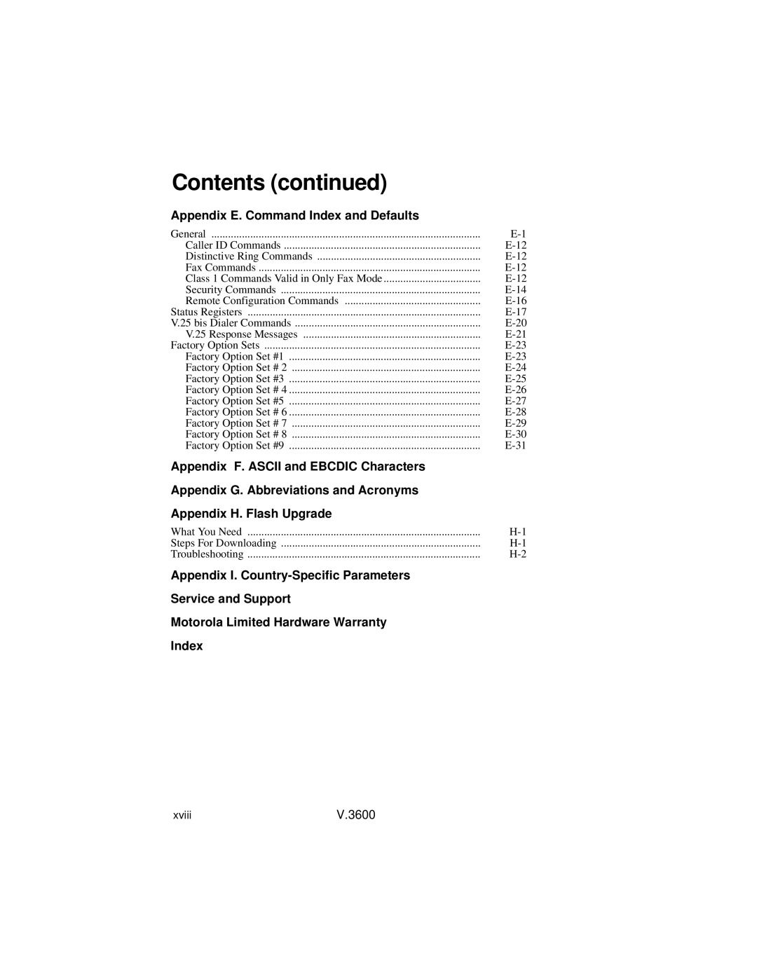 Motorola V.3600 manual Appendix E. Command Index and Defaults 