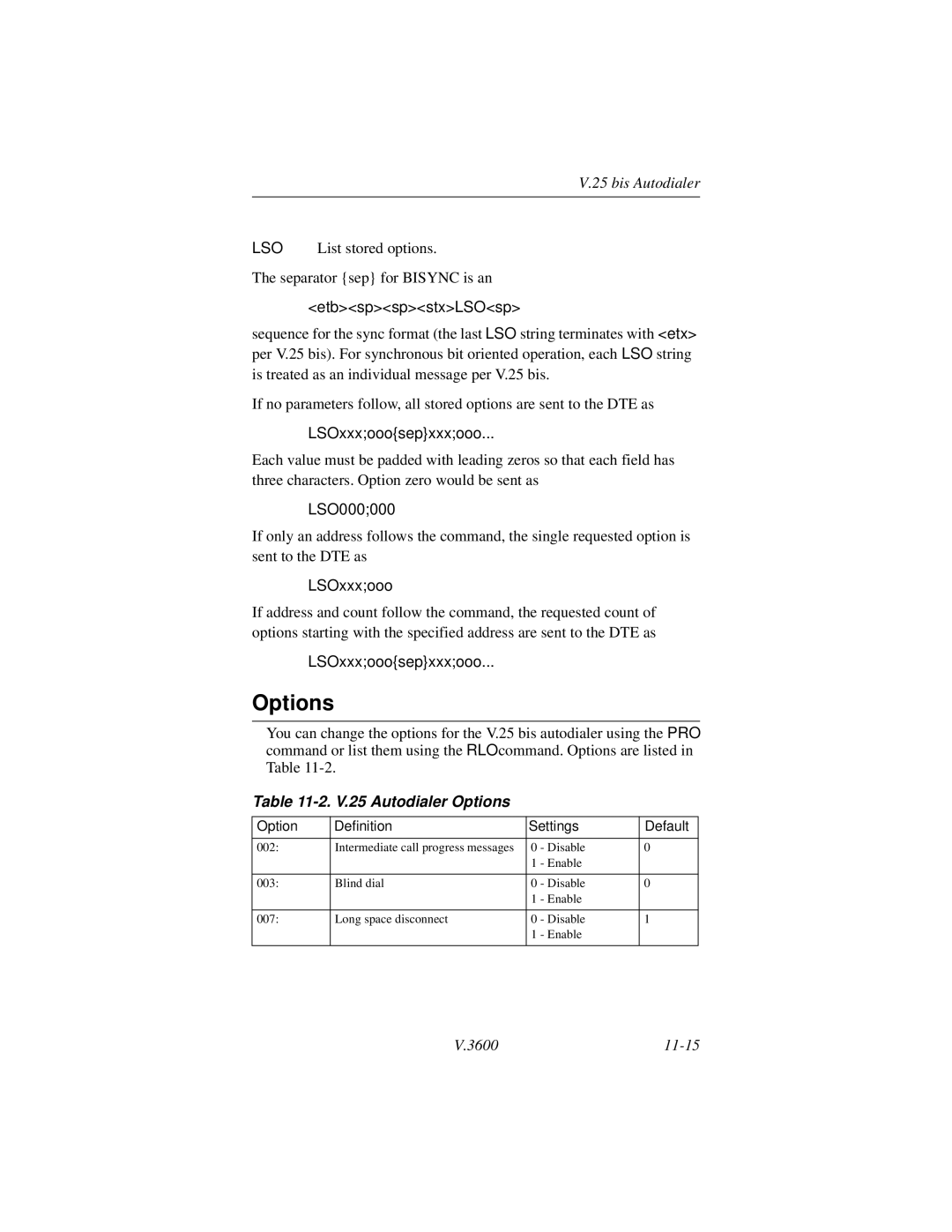 Motorola V.3600 manual Options, Option Definition Settings Default 