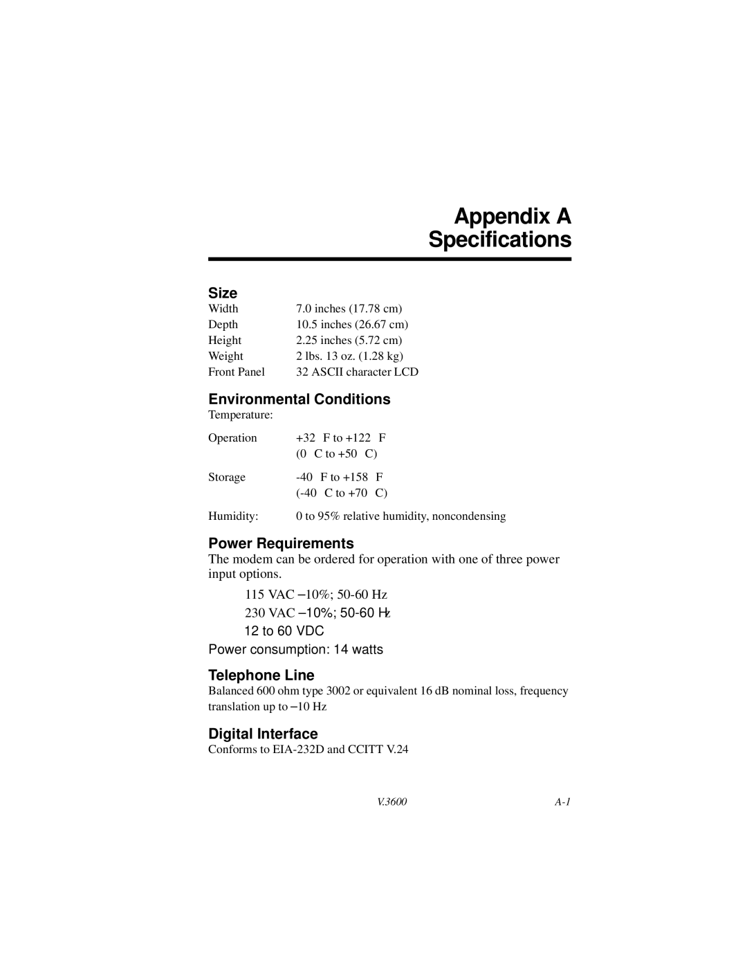 Motorola V.3600 manual Appendix a Specifications 