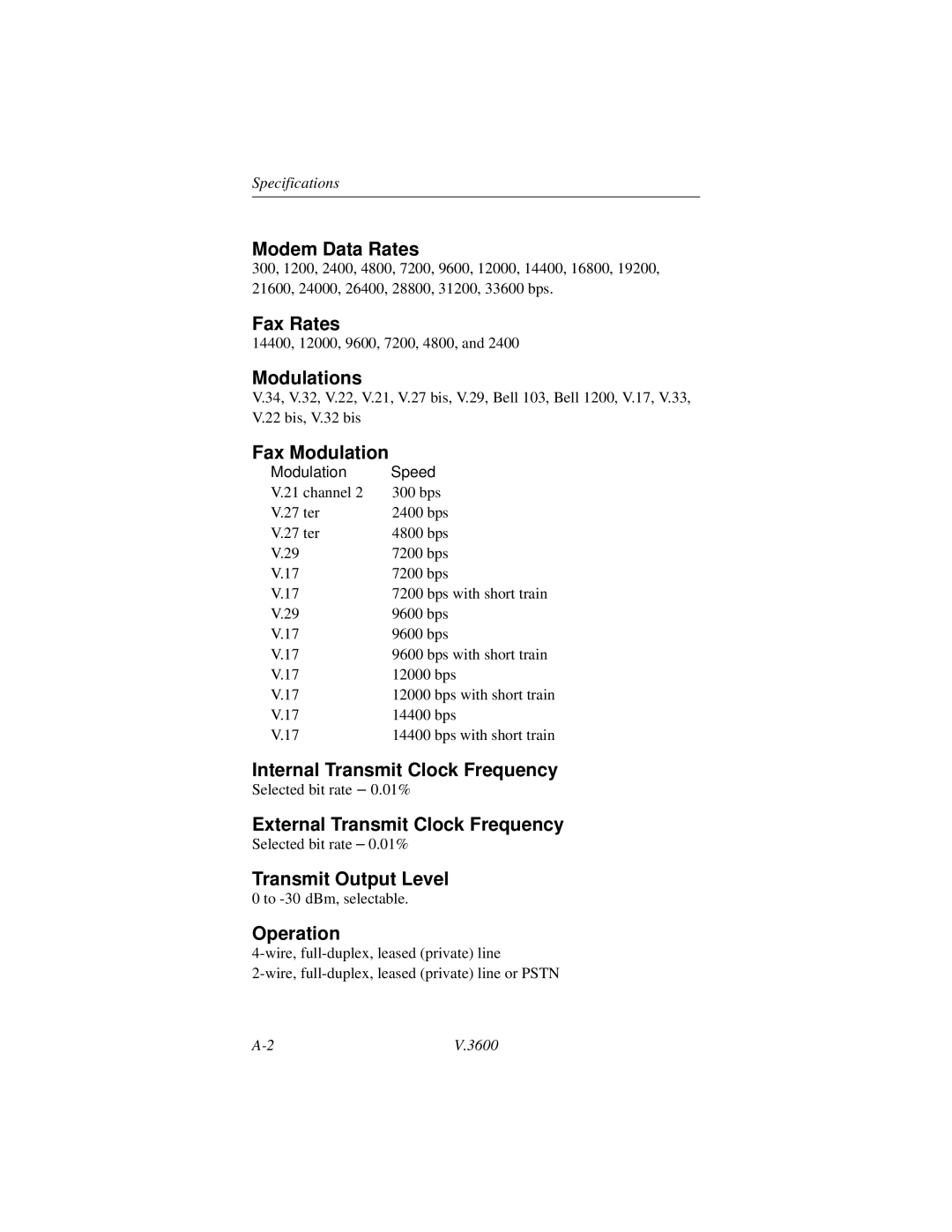 Motorola V.3600 Modem Data Rates, Fax Rates, Modulations, Fax Modulation, Internal Transmit Clock Frequency, Operation 