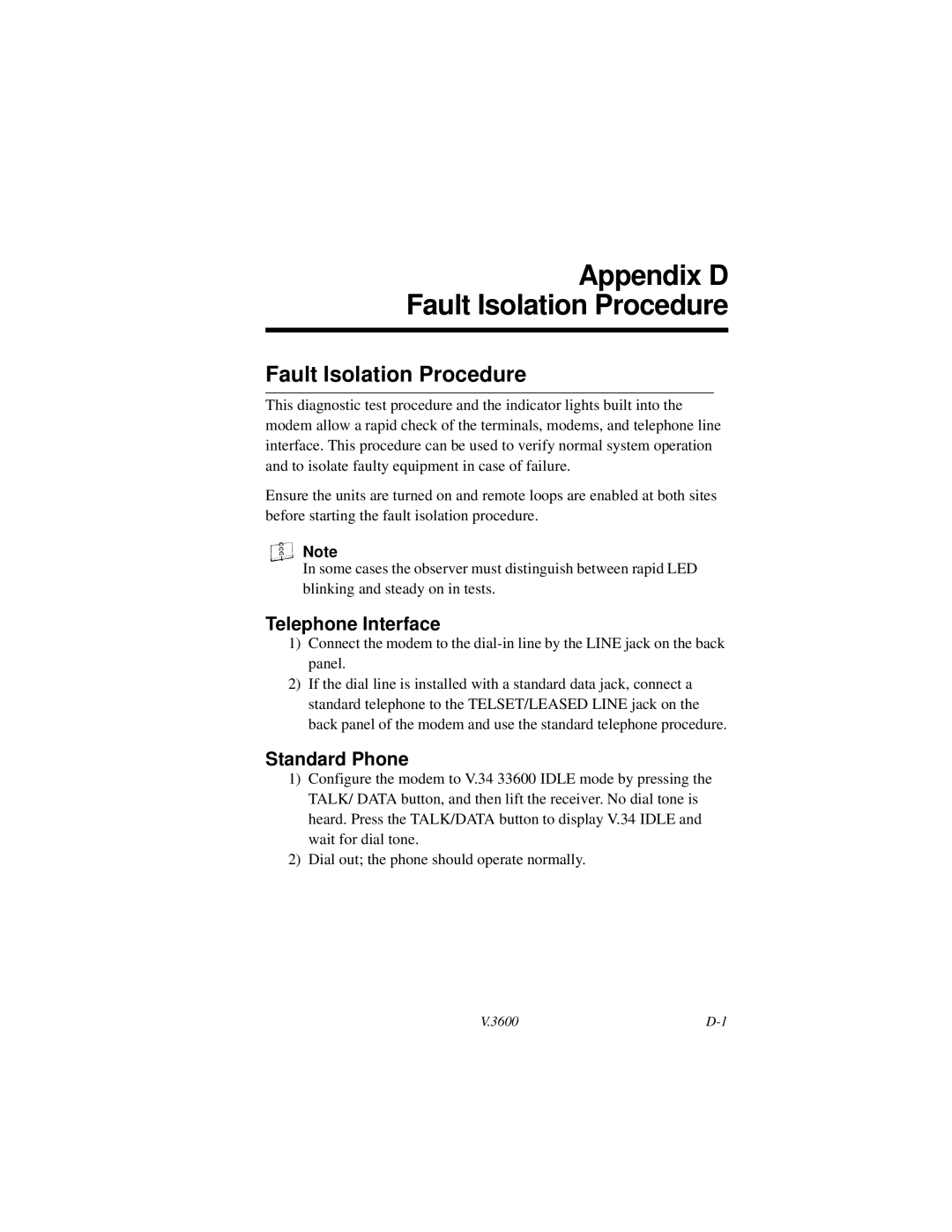 Motorola V.3600 manual Appendix D Fault Isolation Procedure, Telephone Interface, Standard Phone 