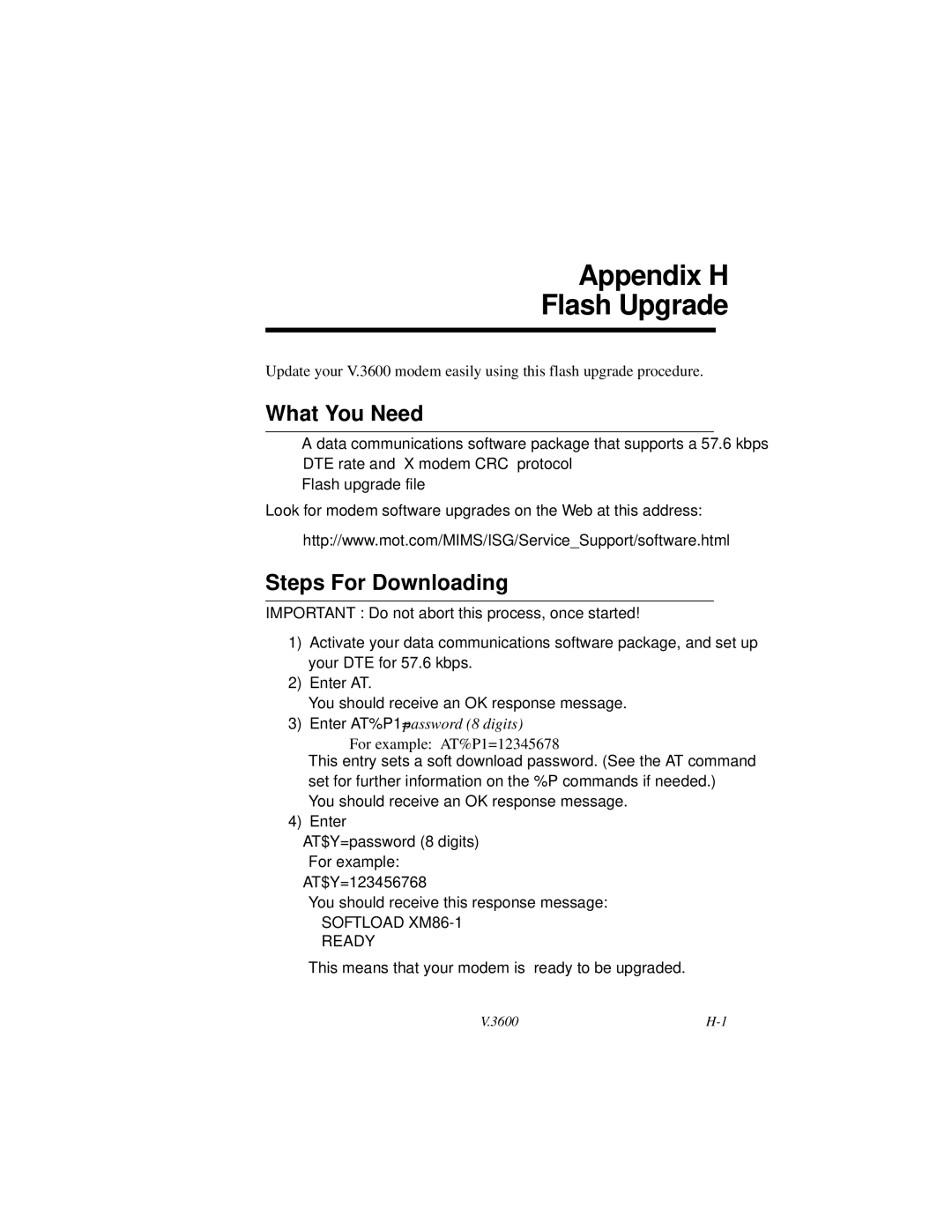 Motorola V.3600 manual Appendix H Flash Upgrade, What You Need, Steps For Downloading 