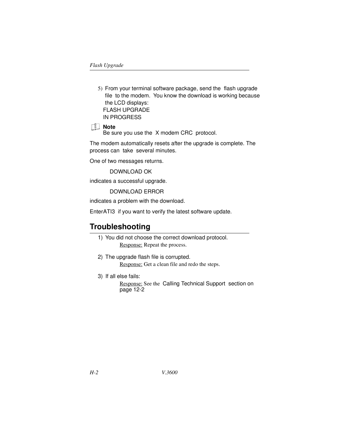 Motorola V.3600 manual Troubleshooting, Flash Upgrade 