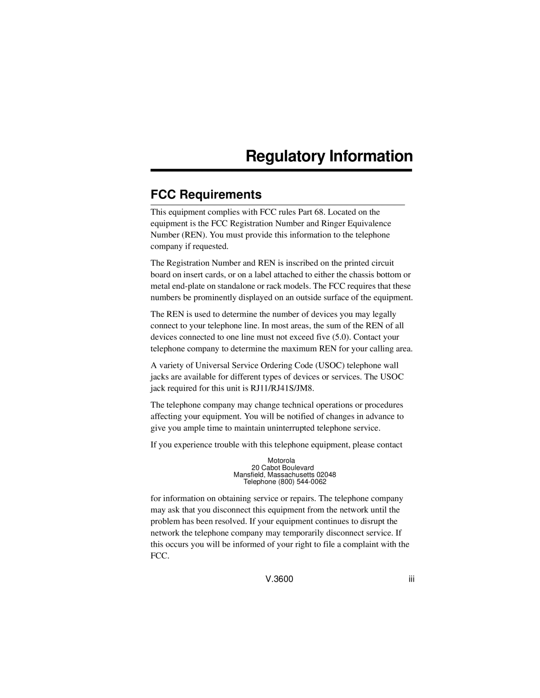 Motorola V.3600 manual Regulatory Information, FCC Requirements 