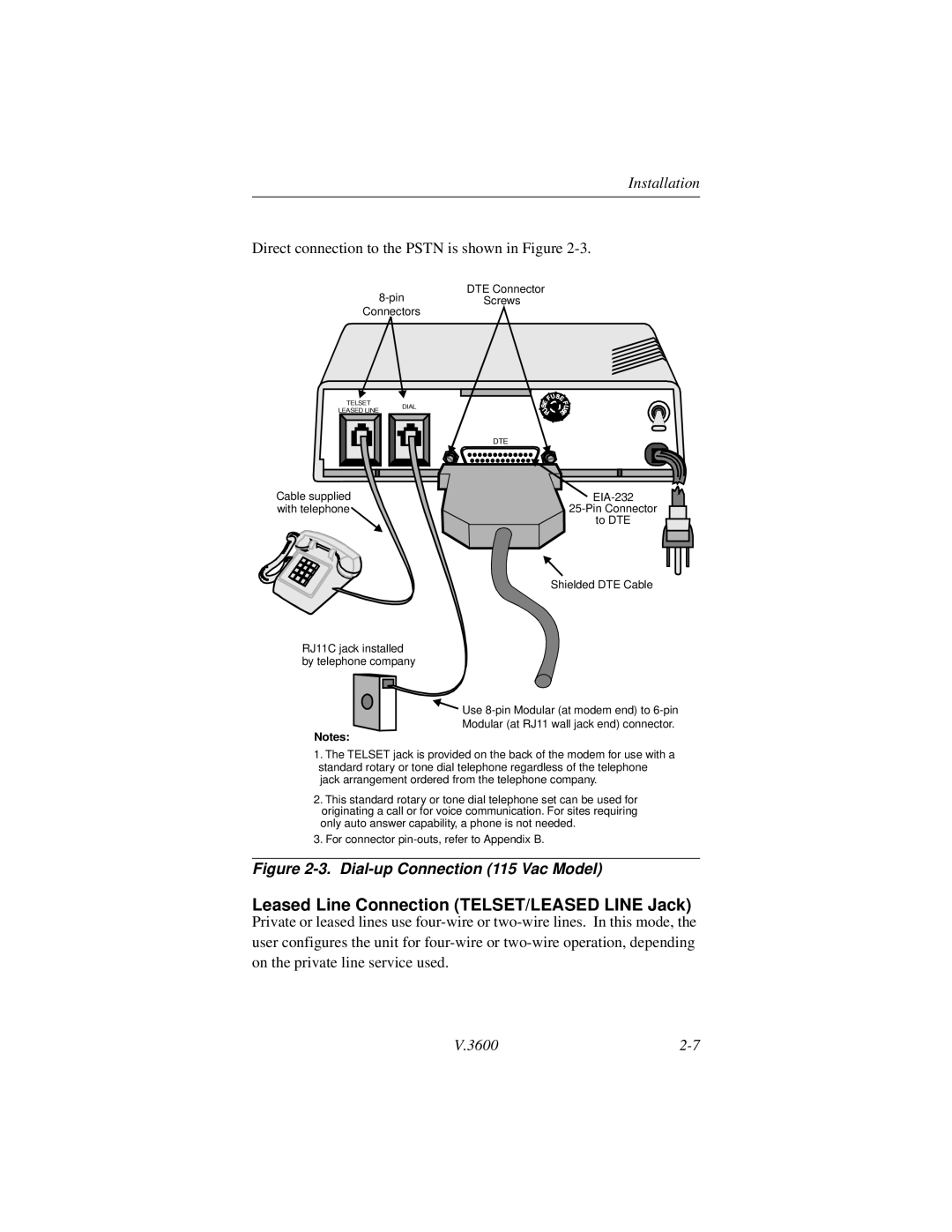 Motorola V.3600 manual Leased Line Connection TELSET/LEASED Line Jack, Direct connection to the Pstn is shown in Figure 