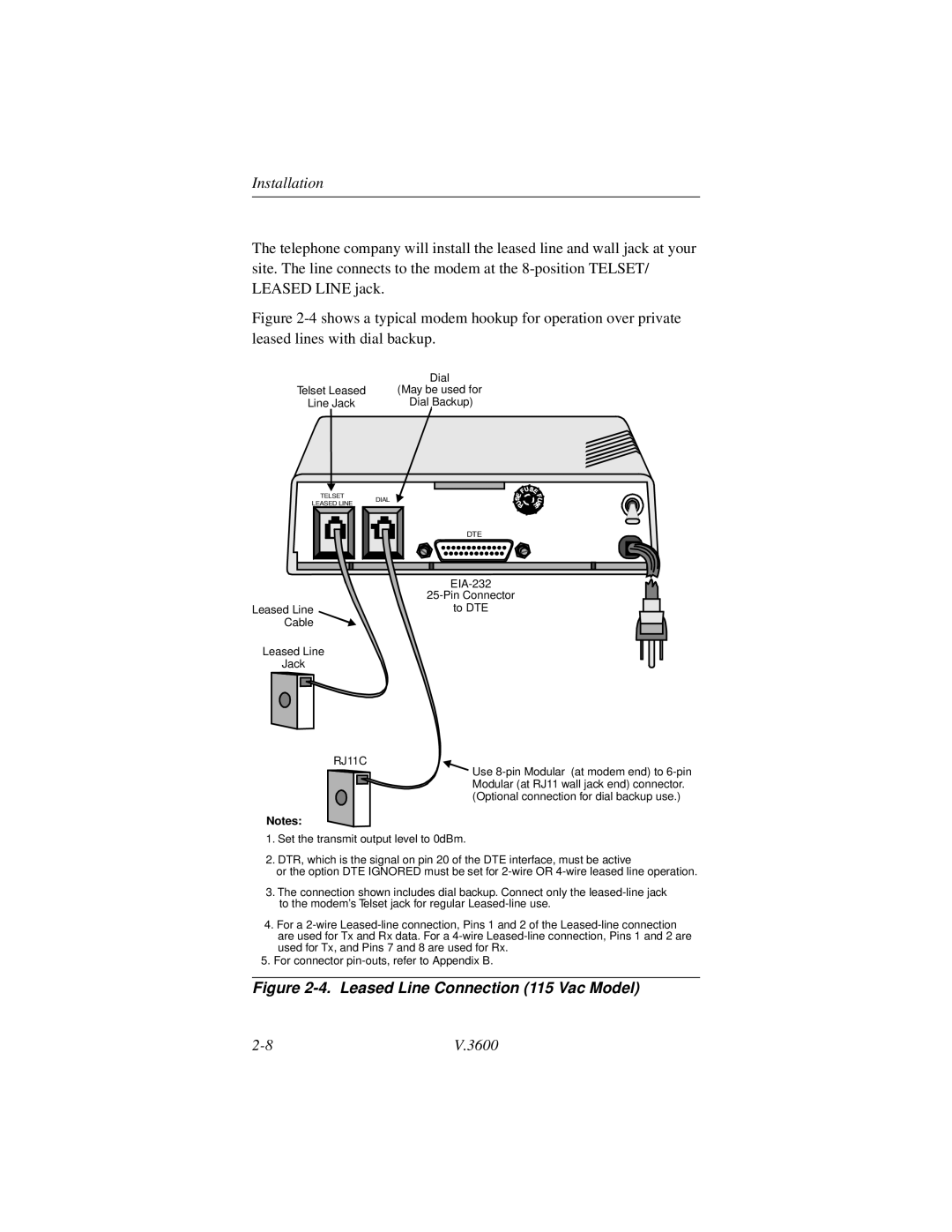 Motorola V.3600 manual Leased Line Connection 115 Vac Model 