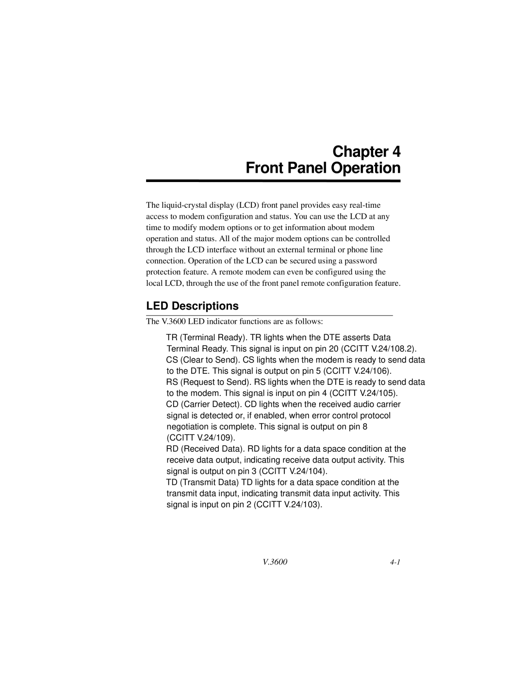 Motorola V.3600 manual Chapter Front Panel Operation, LED Descriptions 