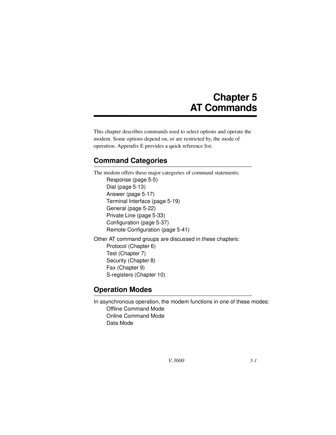 Motorola V.3600 manual Chapter AT Commands, Command Categories, Operation Modes 