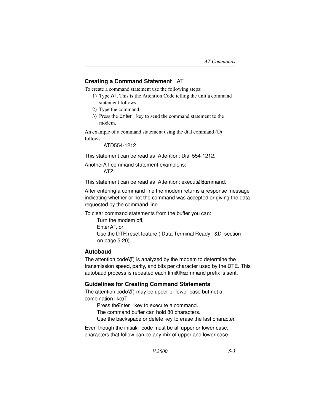 Motorola V.3600 manual Creating a Command Statement AT, Autobaud Guidelines for Creating Command Statements 