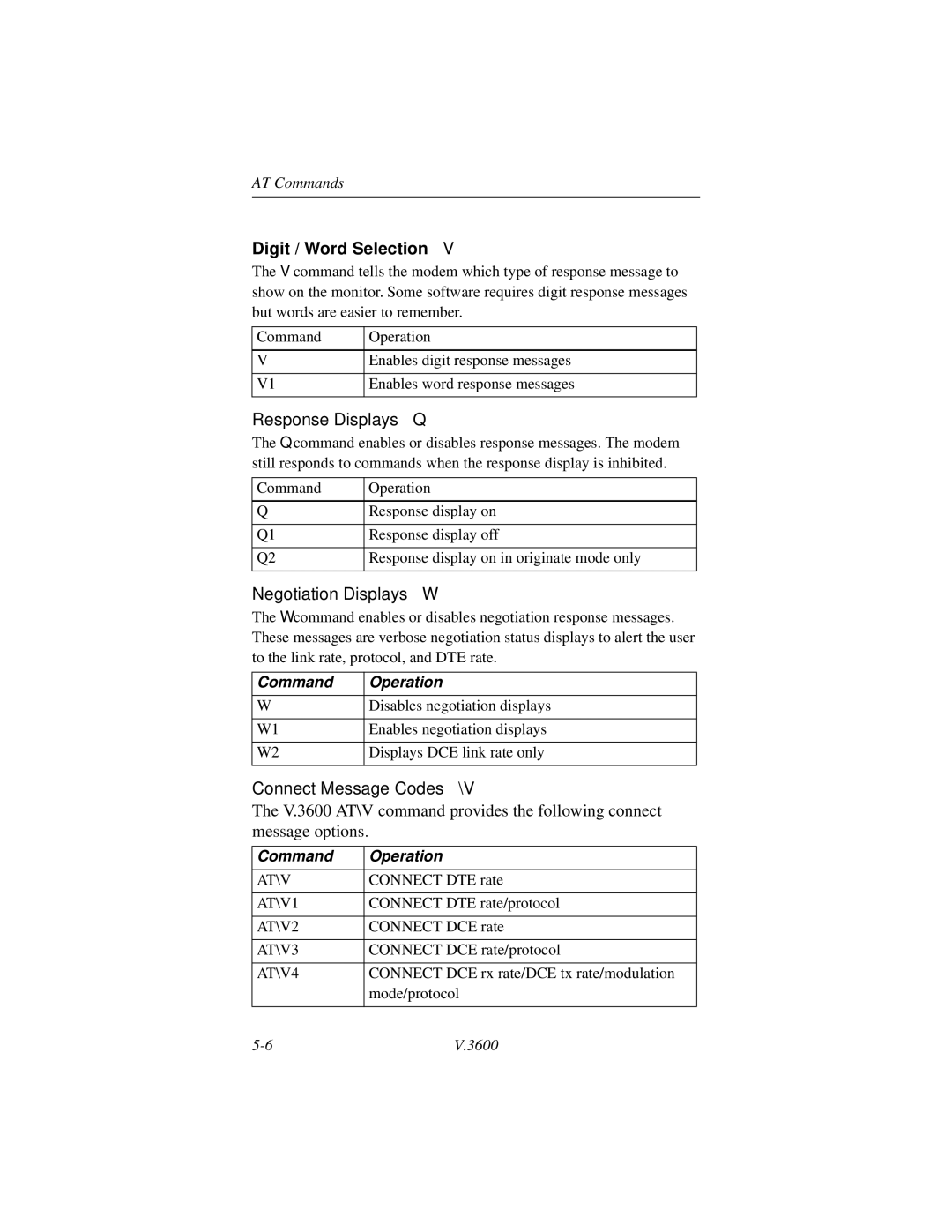 Motorola V.3600 manual Digit / Word Selection, Response Displays Q, Negotiation Displays W, Connect Message Codes \V 