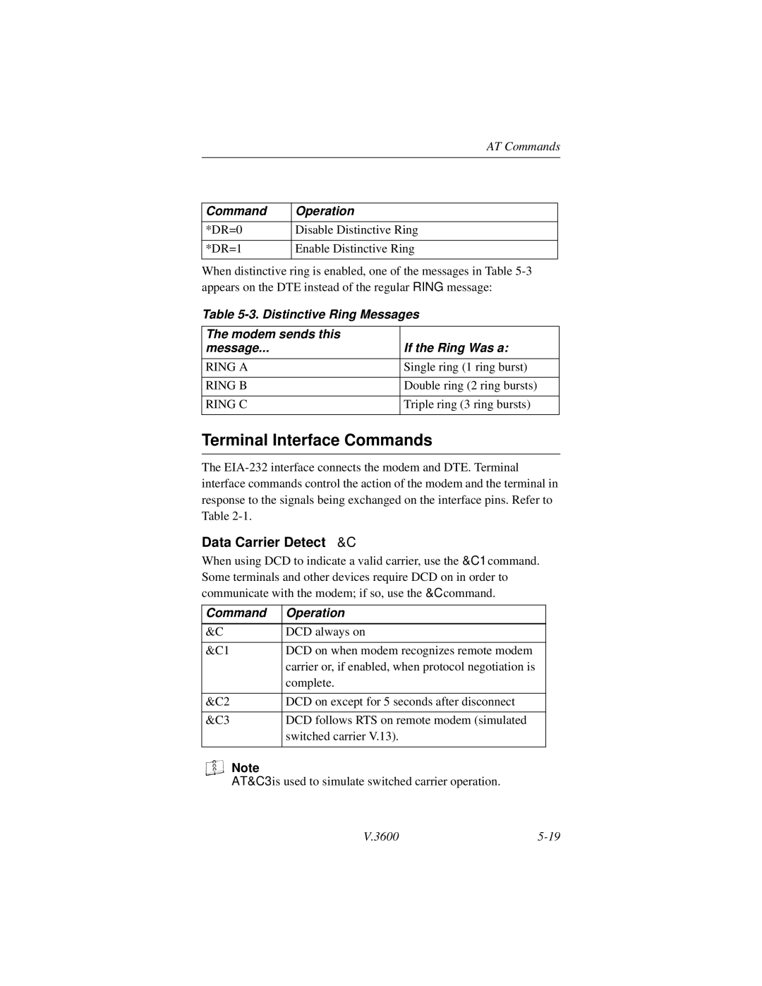 Motorola V.3600 manual Terminal Interface Commands, Data Carrier Detect &C 