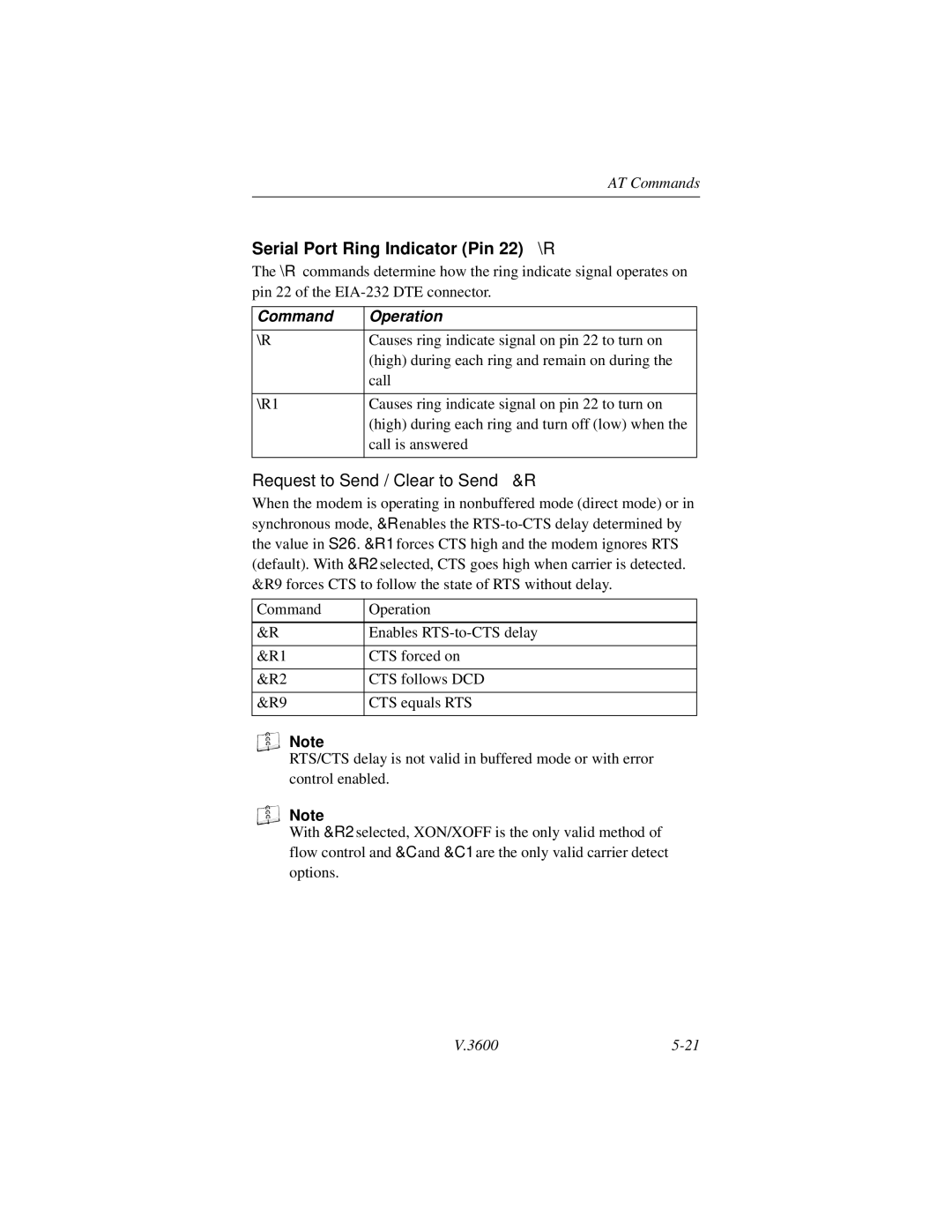 Motorola V.3600 manual Serial Port Ring Indicator Pin 22 \R, Request to Send / Clear to Send &R 