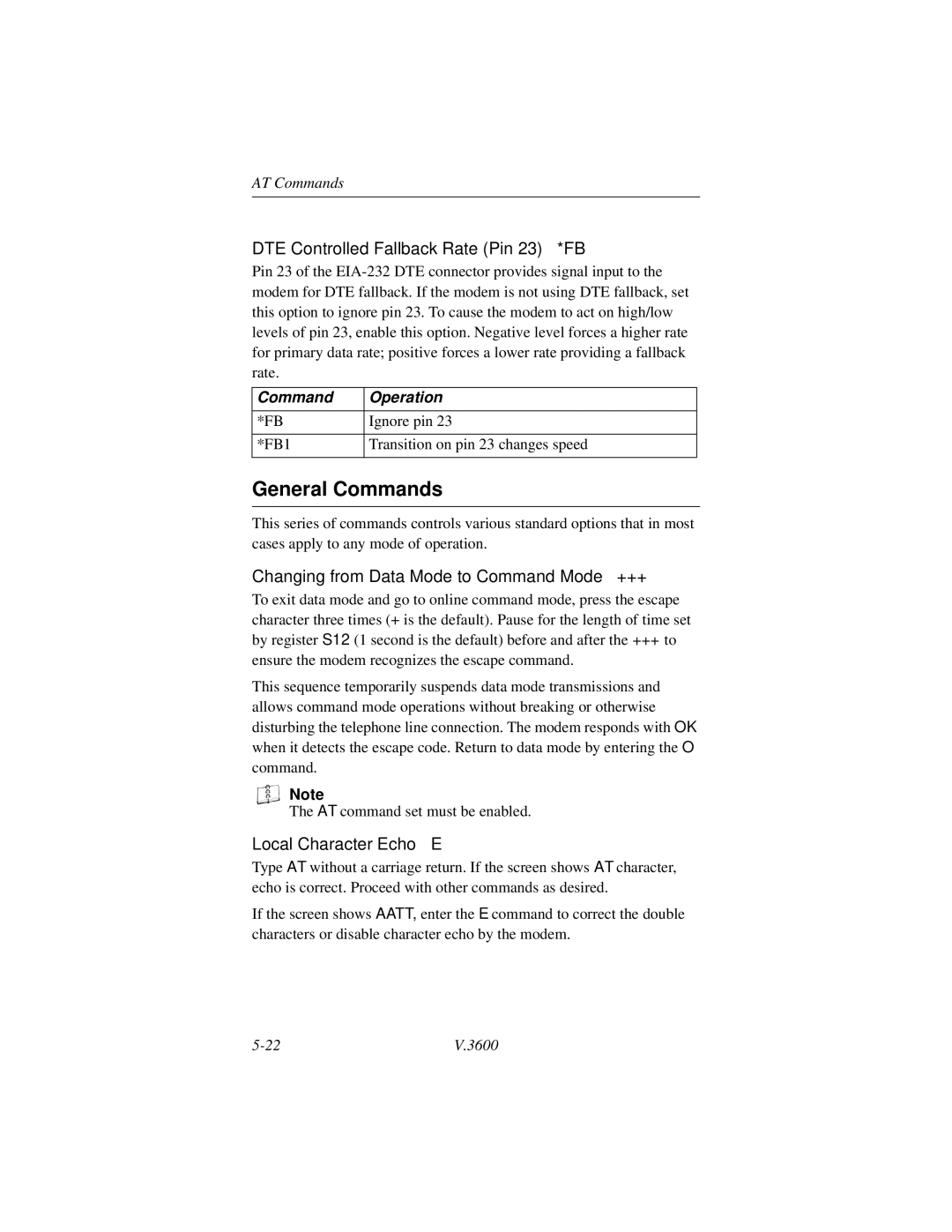 Motorola V.3600 General Commands, DTE Controlled Fallback Rate Pin 23 *FB, Changing from Data Mode to Command Mode +++ 