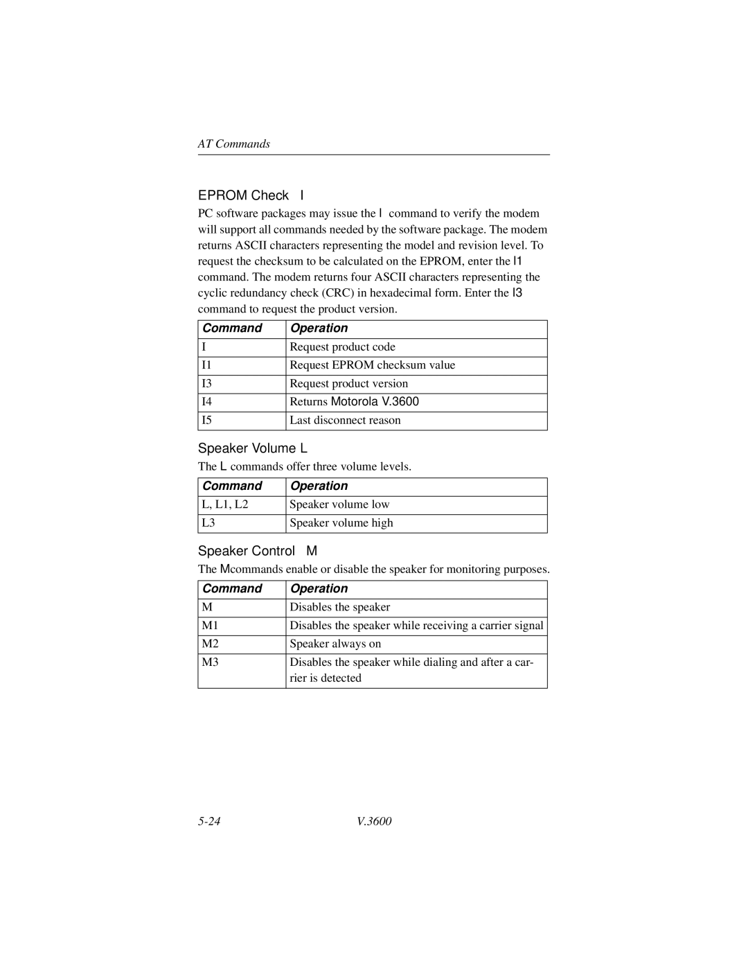 Motorola V.3600 manual Eprom Check, Speaker Volume L, Speaker Control M 