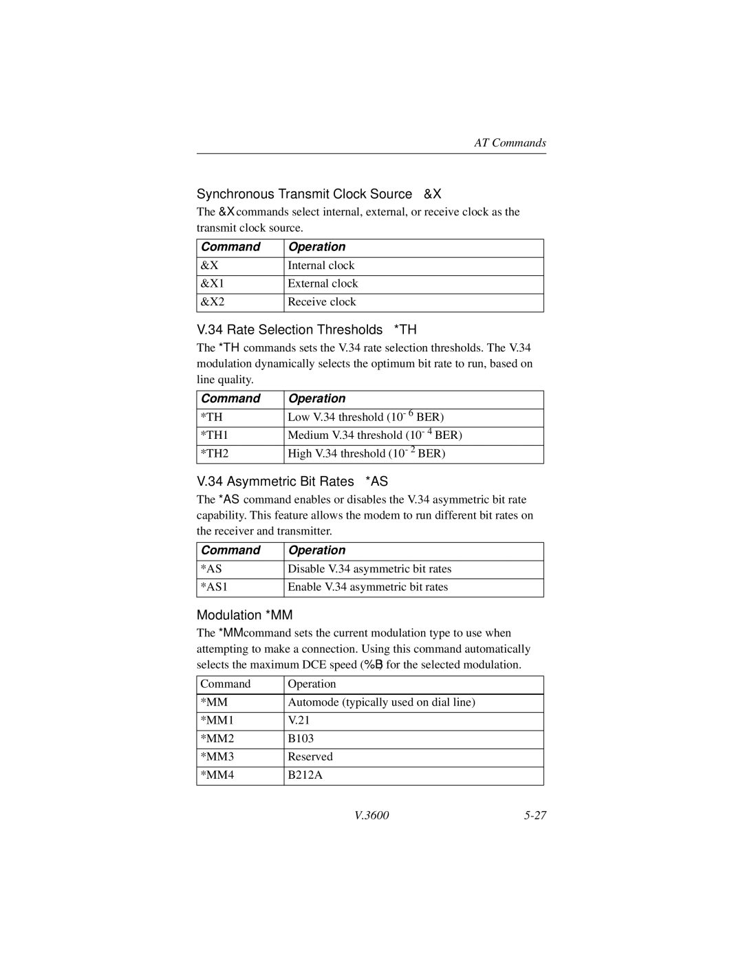 Motorola V.3600 manual Synchronous Transmit Clock Source &X, Rate Selection Thresholds *TH, Asymmetric Bit Rates *AS 