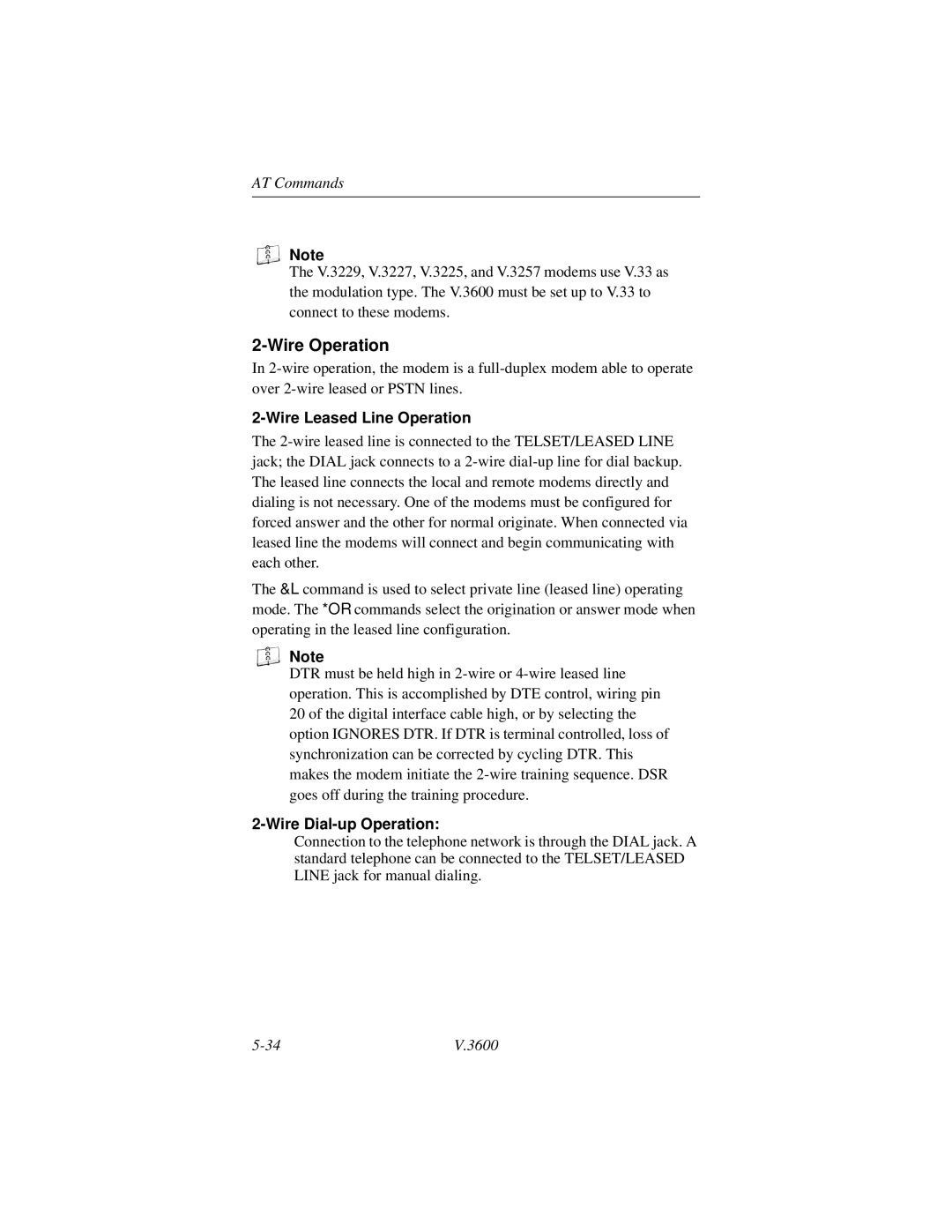 Motorola V.3600 manual Wire Leased Line Operation, Wire Dial-up Operation 