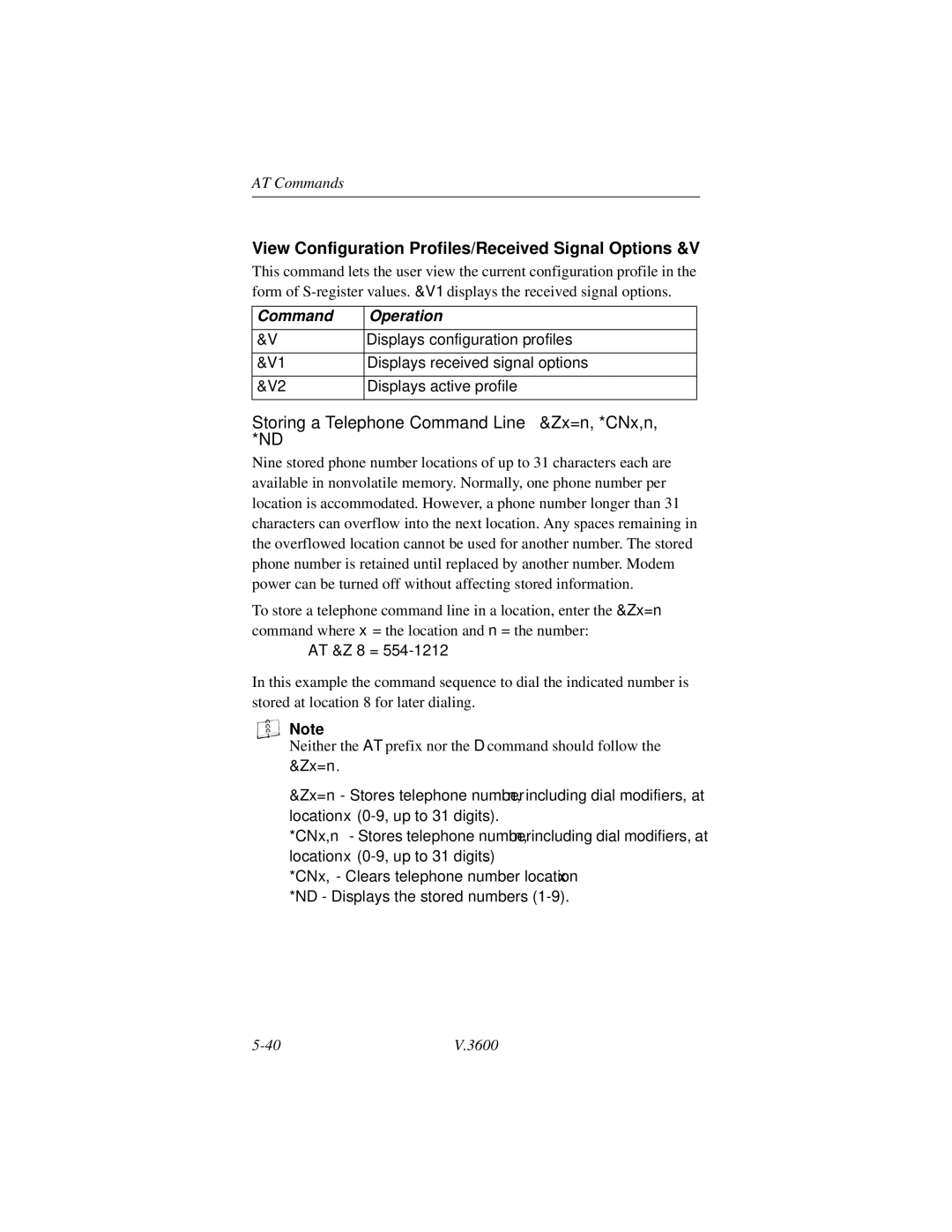 Motorola V.3600 manual Storing a Telephone Command Line &Zx=n, *CNx,n, *ND 