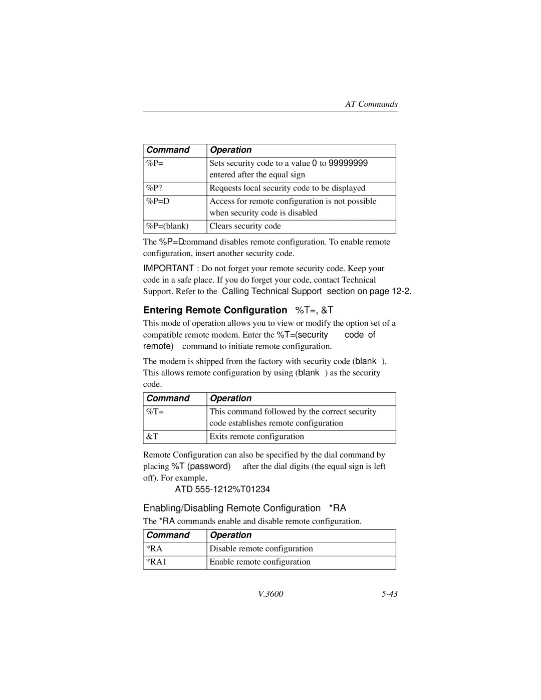 Motorola V.3600 manual Entering Remote Configuration %T=, &T, Enabling/Disabling Remote Configuration *RA 