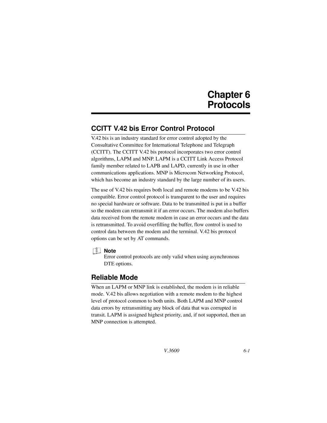 Motorola V.3600 manual Chapter Protocols, Ccitt V.42 bis Error Control Protocol, Reliable Mode 