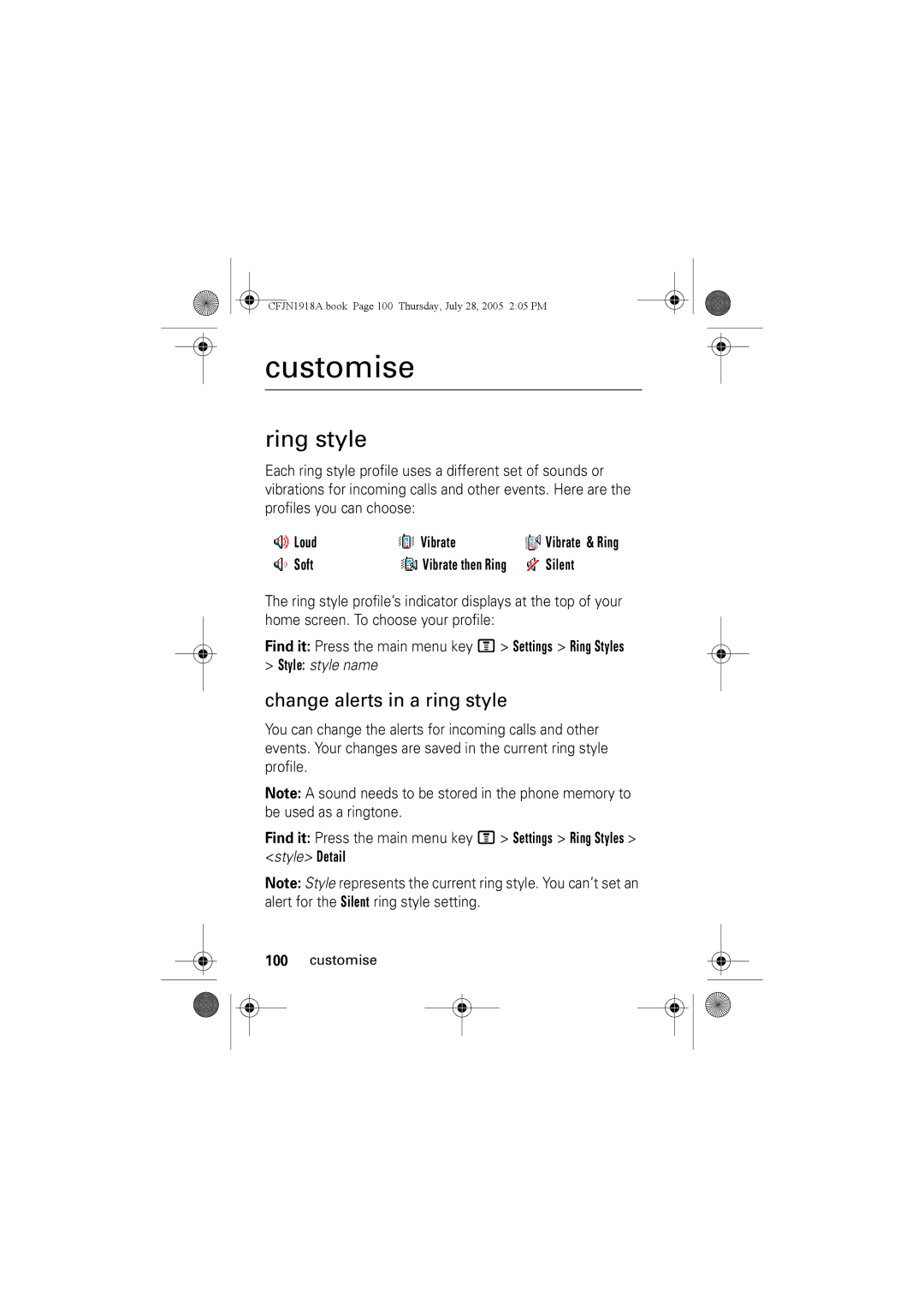 Motorola V360v manual Customise, Ring style, Change alerts in a ring style 