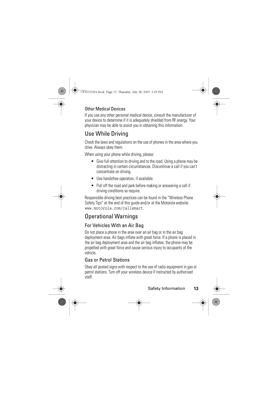 Motorola V360v manual Use While Driving, Operational Warnings, For Vehicles With an Air Bag, Gas or Petrol Stations 