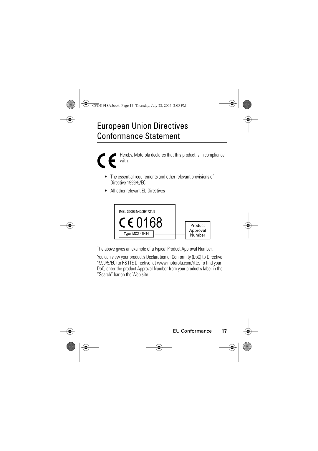 Motorola V360v manual European Union Directives Conformance Statement 