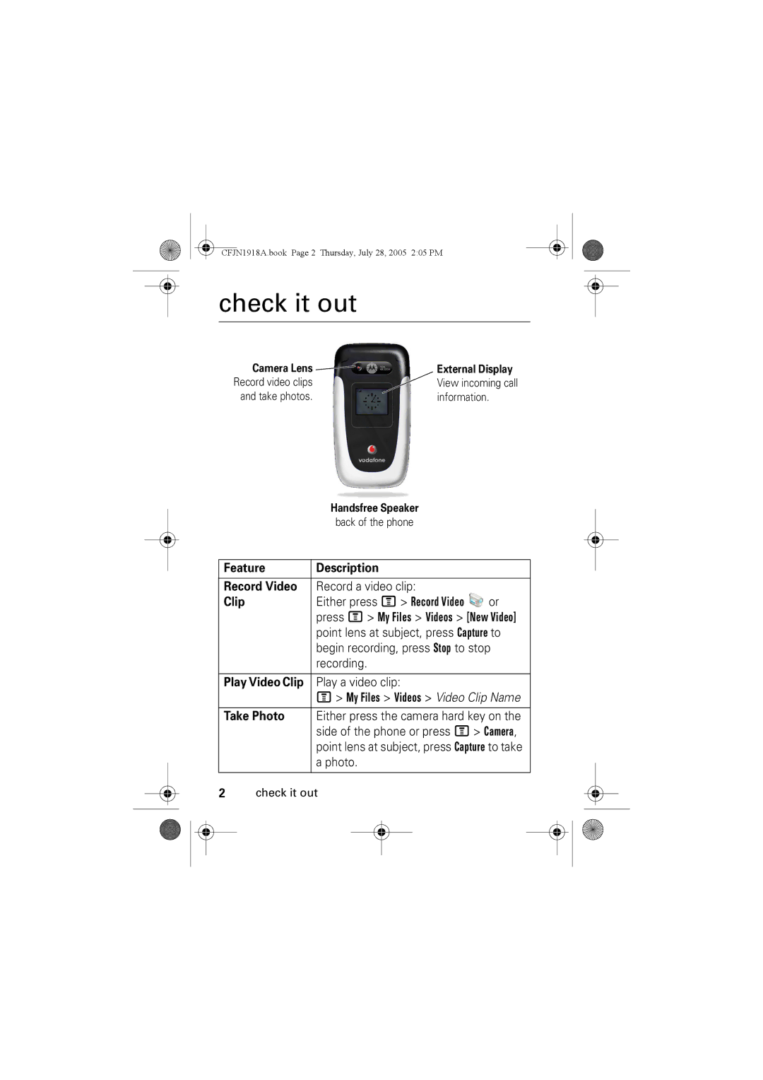 Motorola V360v manual Check it out, Feature Description Record Video, Clip, Take Photo 