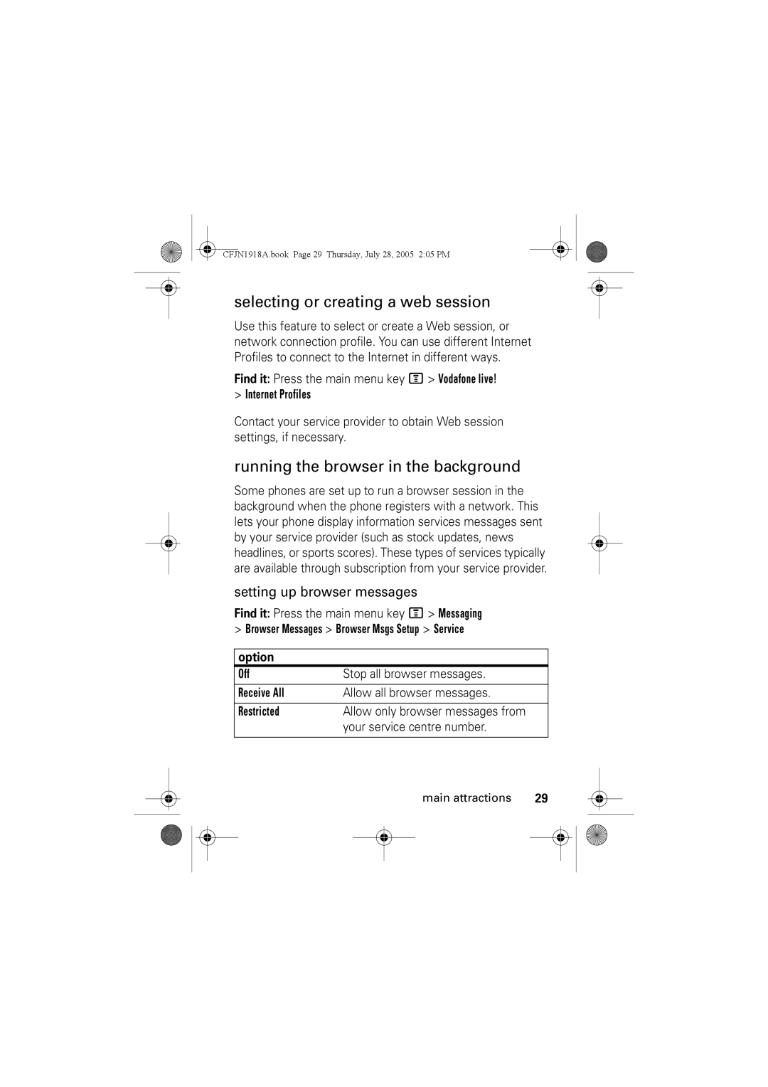 Motorola V360v Selecting or creating a web session, Running the browser in the background, Setting up browser messages 