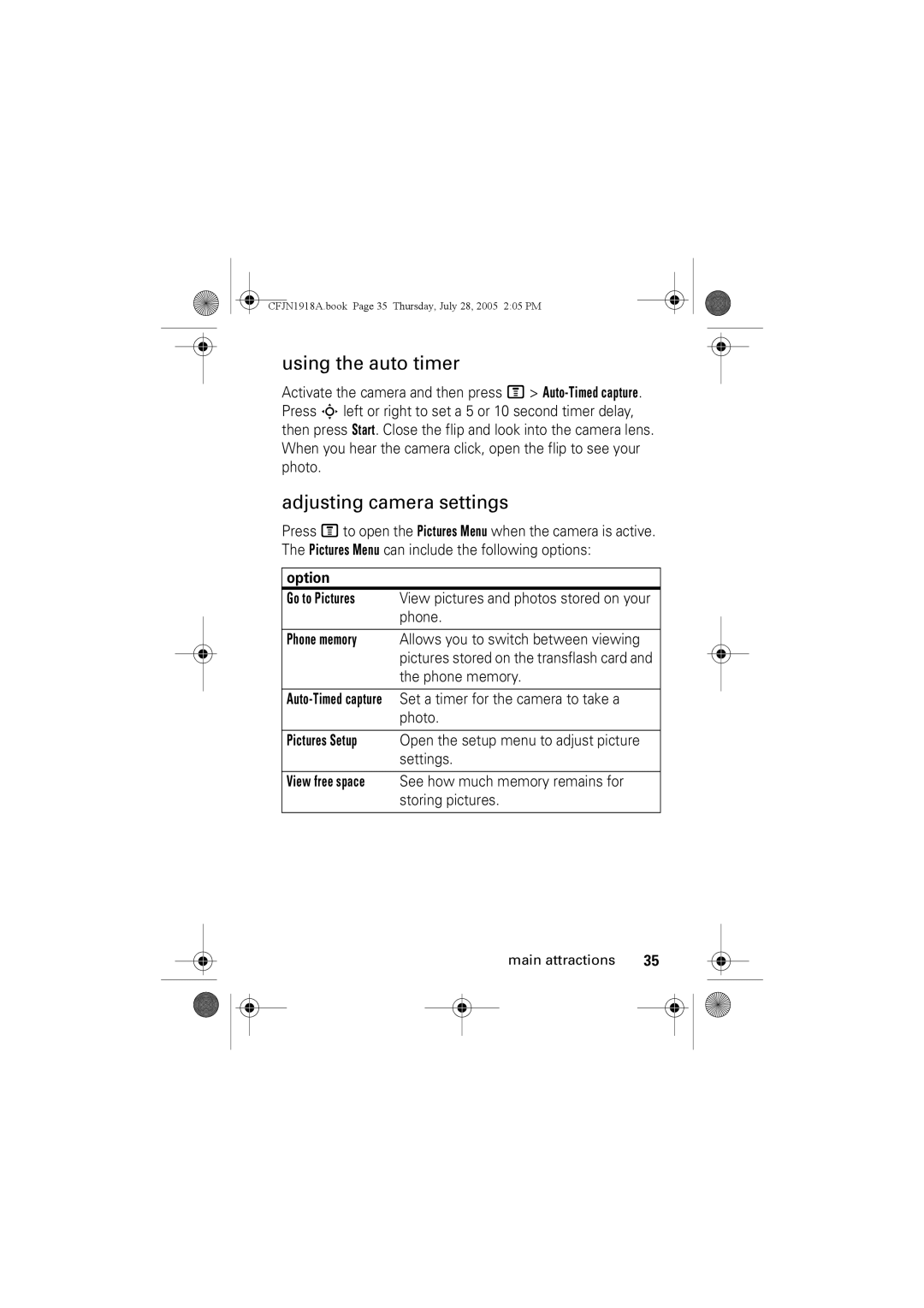 Motorola V360v manual Using the auto timer, Adjusting camera settings 