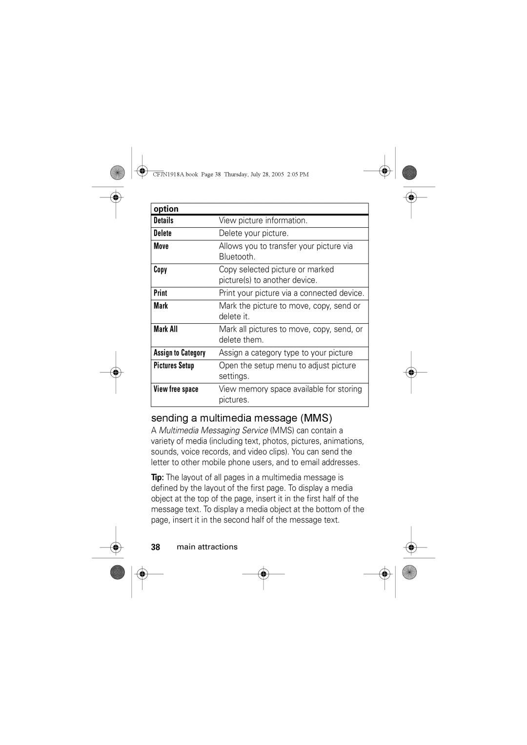 Motorola V360v manual Option Details, Print, Pictures Setup 