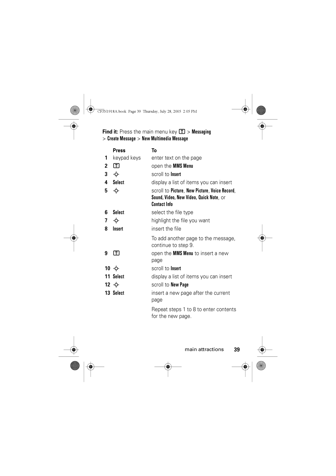 Motorola V360v manual Contact Info, Scroll to New, Select Insert a new page after the current 