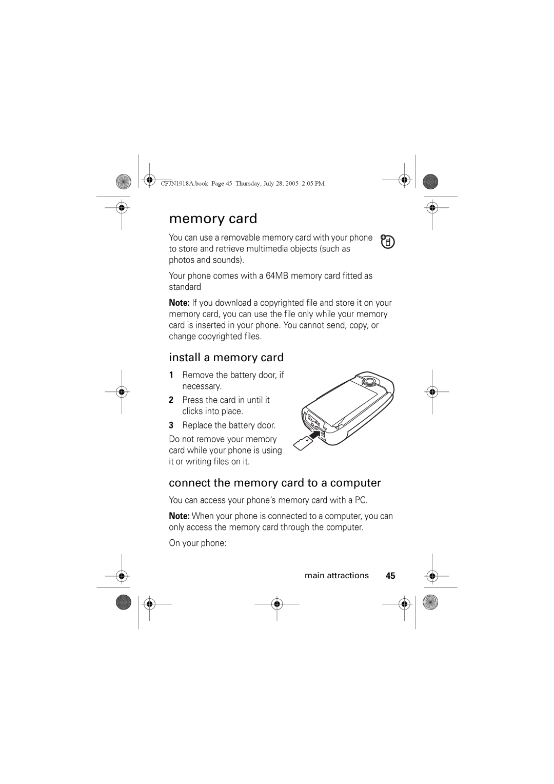 Motorola V360v manual Memory card, Install a memory card, Connect the memory card to a computer 