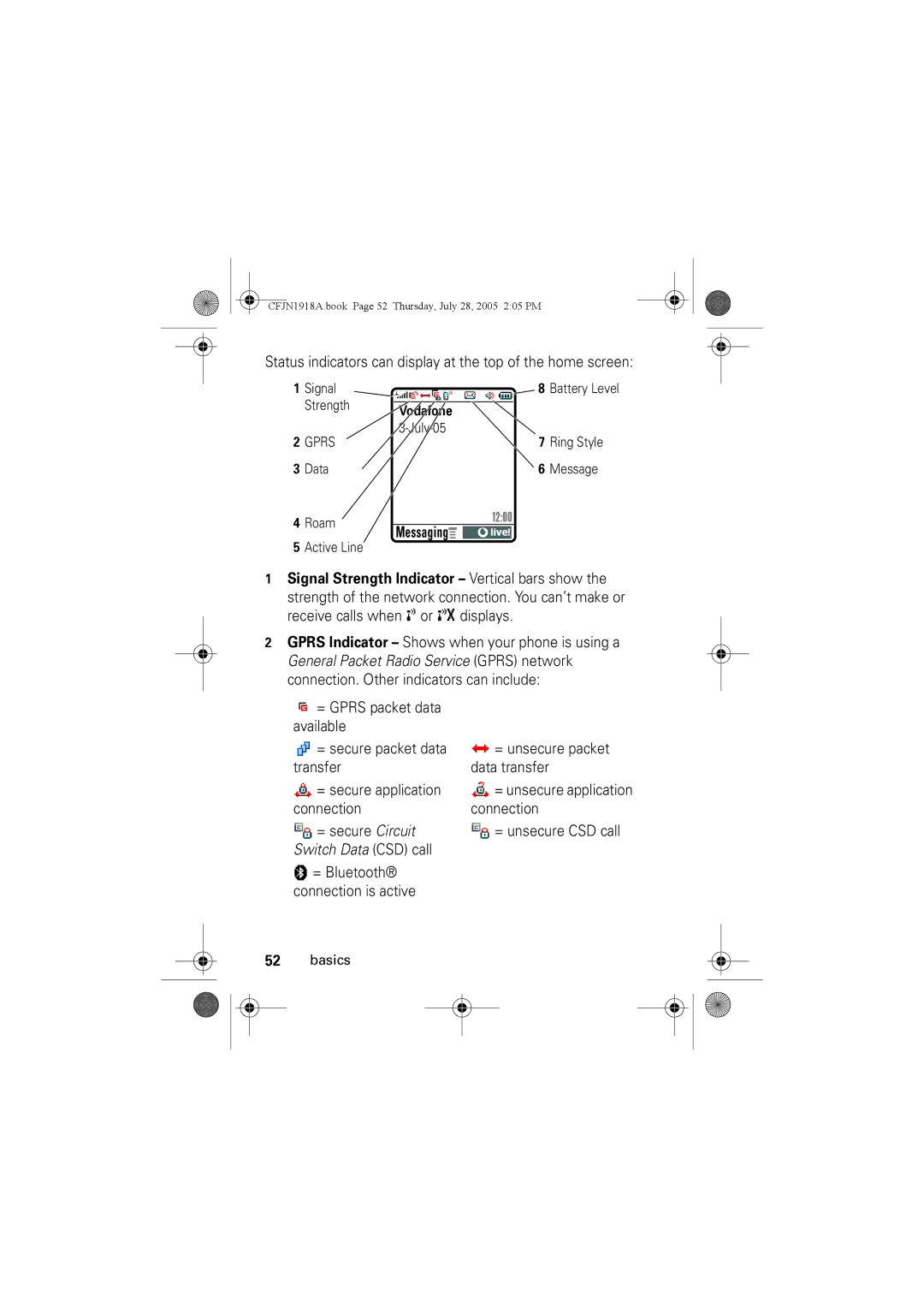 Motorola V360v manual Status indicators can display at the top of the home screen, Connection = secure Circuit 